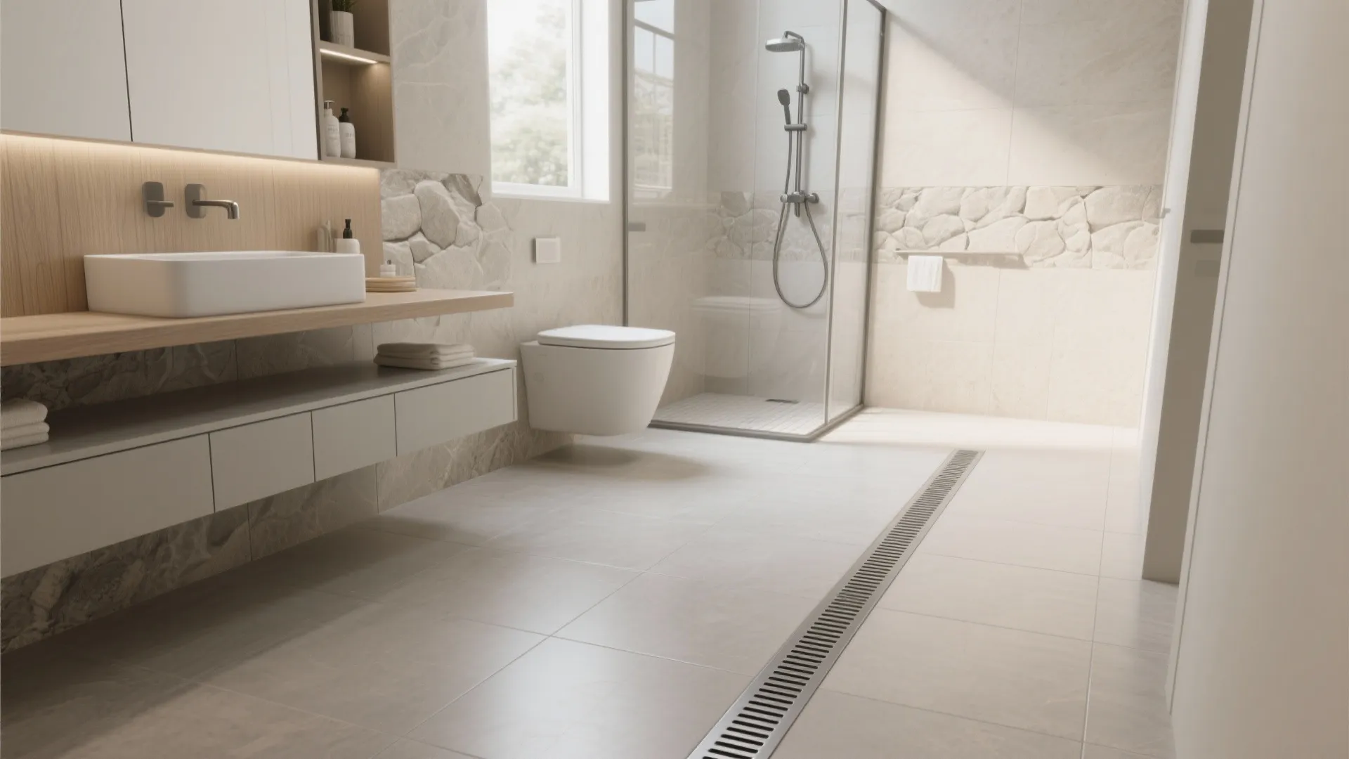 Modern bathroom interior with long floor drain, floating white toilet, and wooden shelf above sink