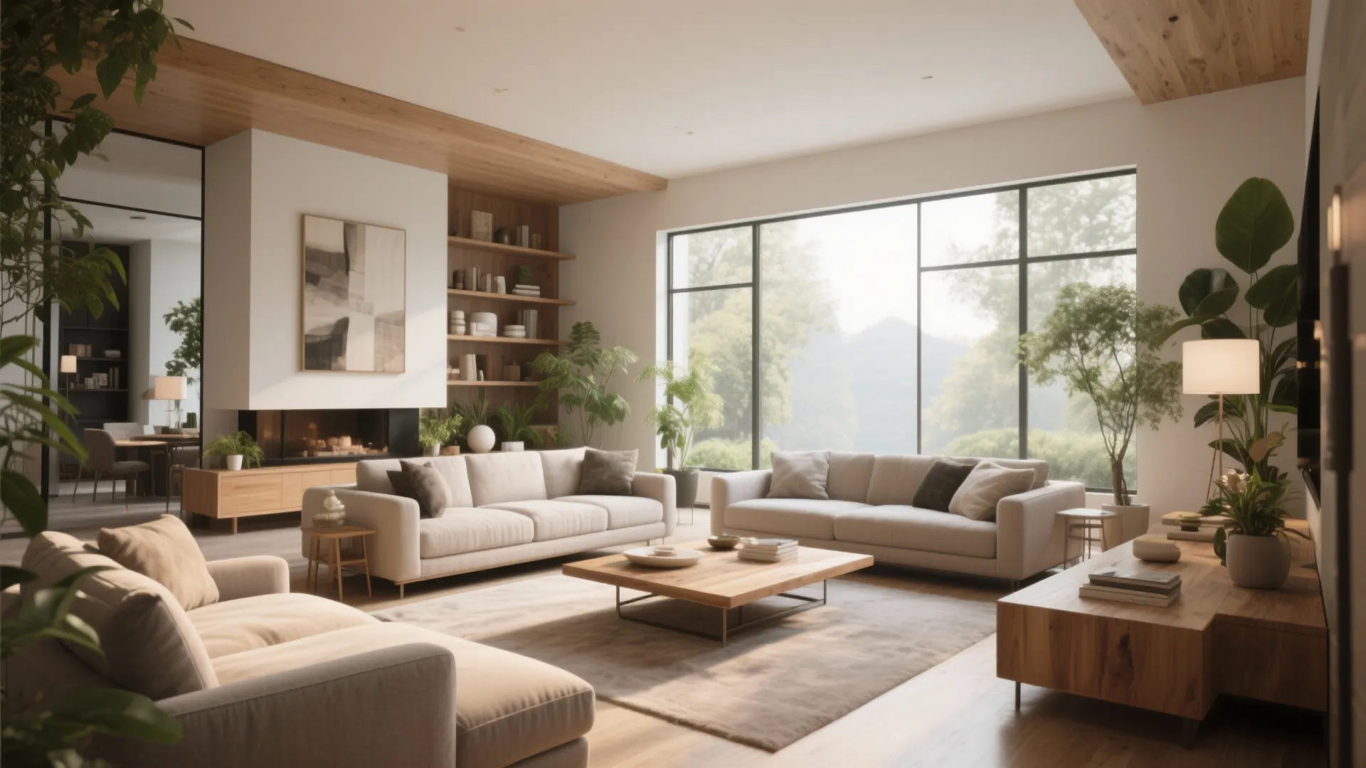 Bright living room featuring white sofas wooden coffee table large windows green plants and fireplace