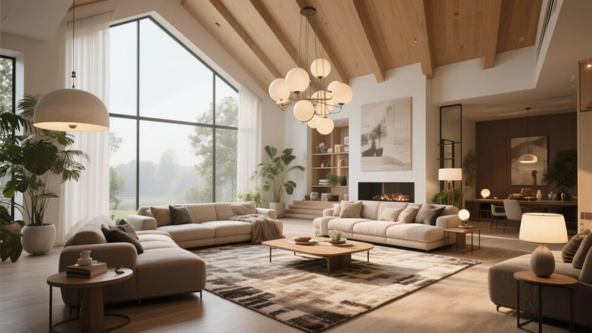 Luxurious open living room with vaulted wood ceiling large windows white sofas and globe ceiling light
