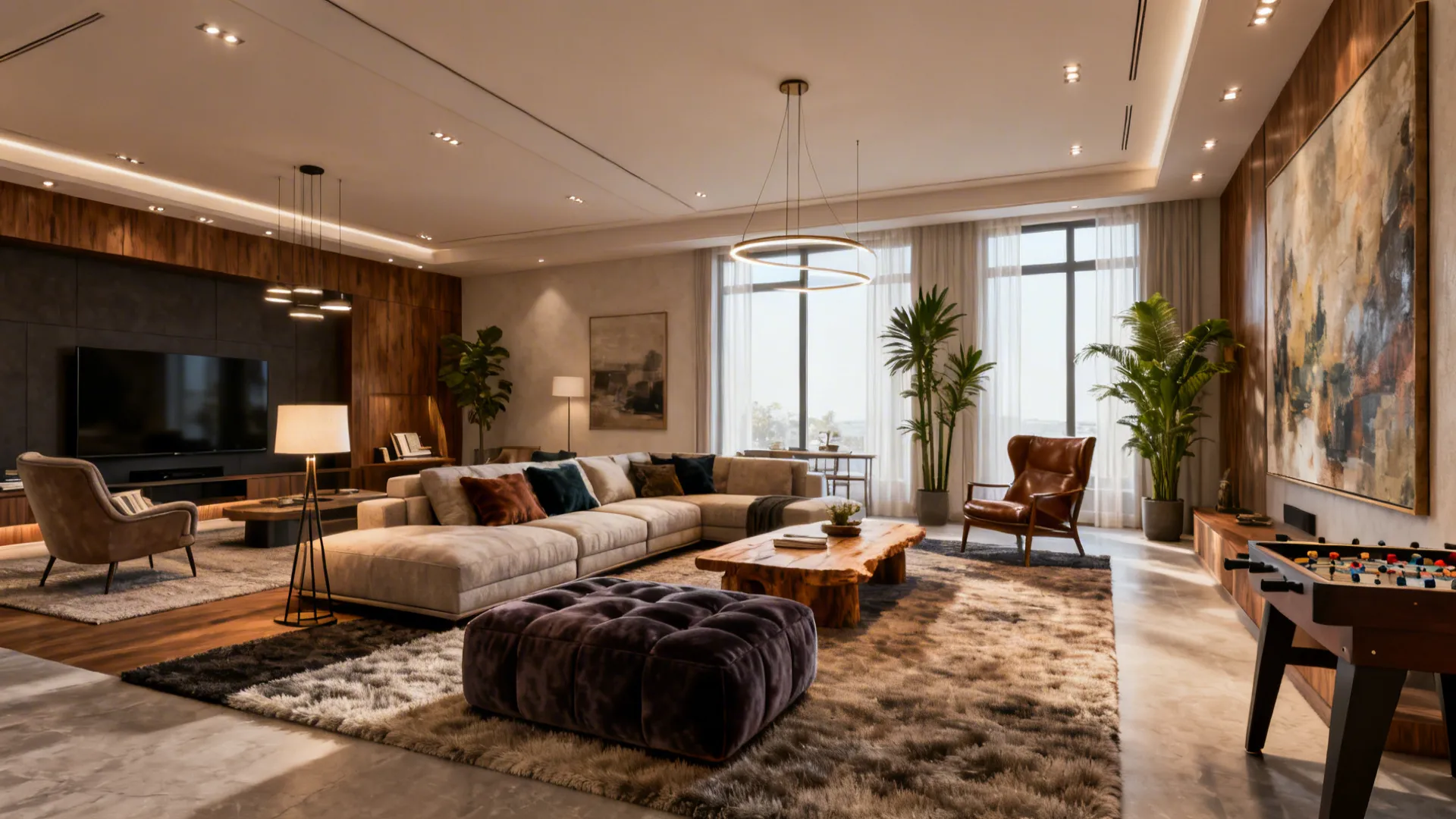 Modern living room with beige sofa wooden table green plants art and warm ceiling lights