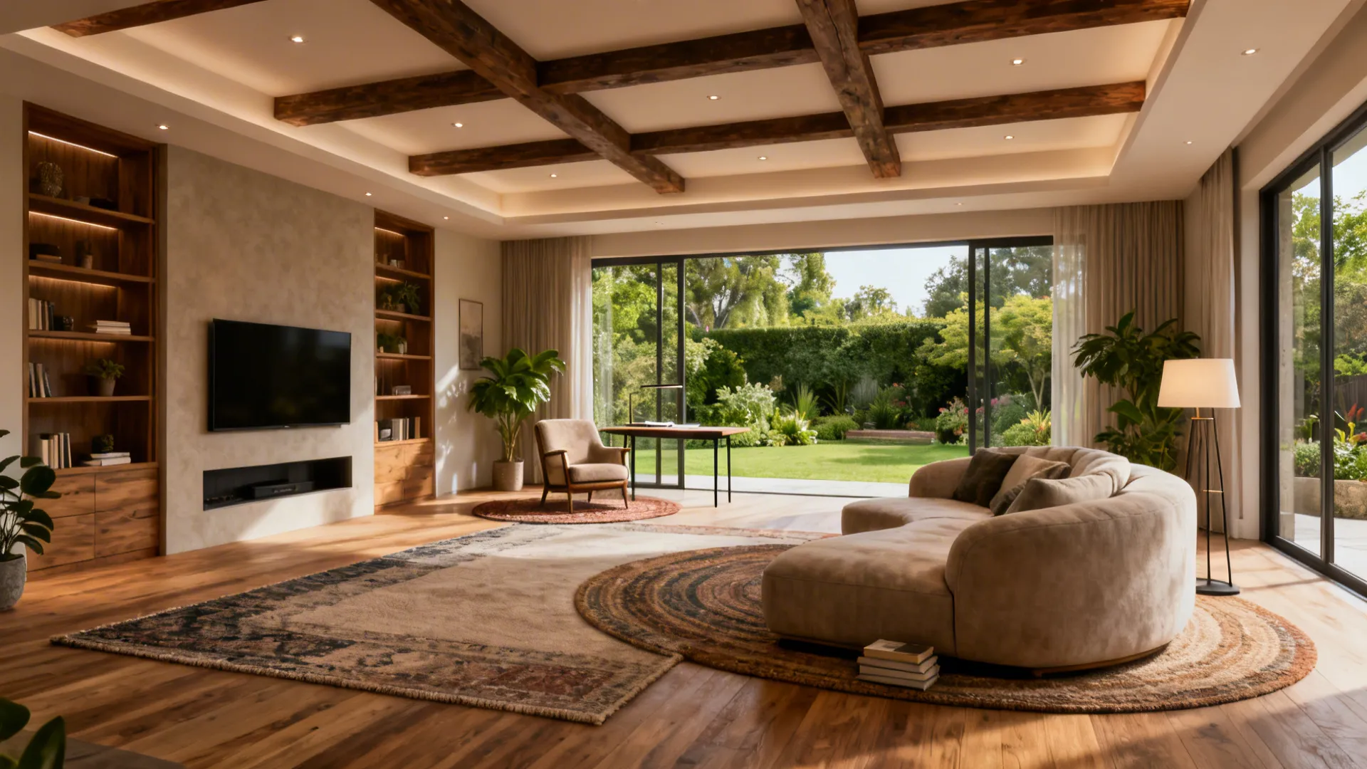 Spacious living room with wooden beams curved sofa fireplace and large glass doors opening to garden