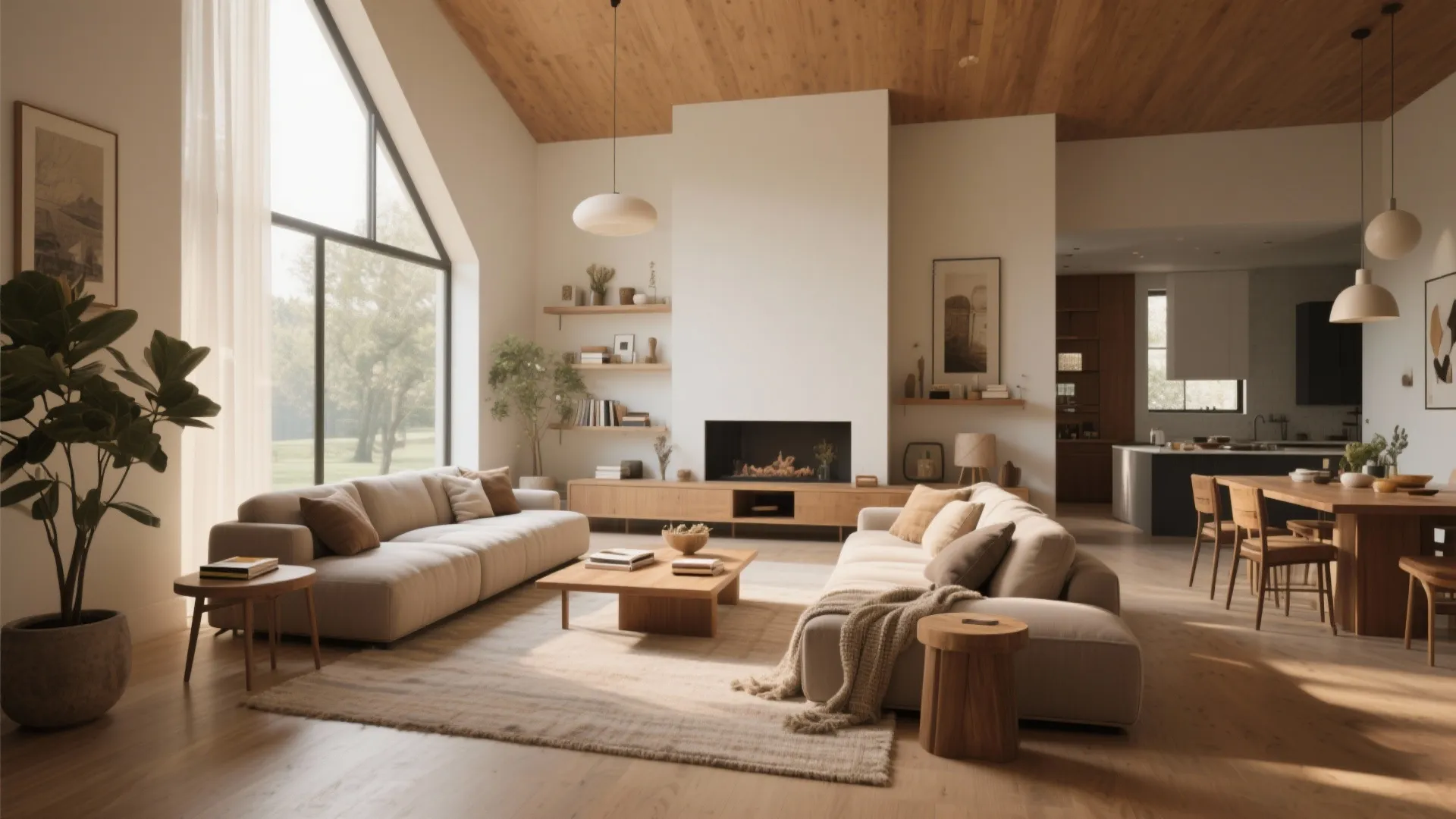Spacious living room with beige sofas fireplace wooden ceiling and large window with natural light