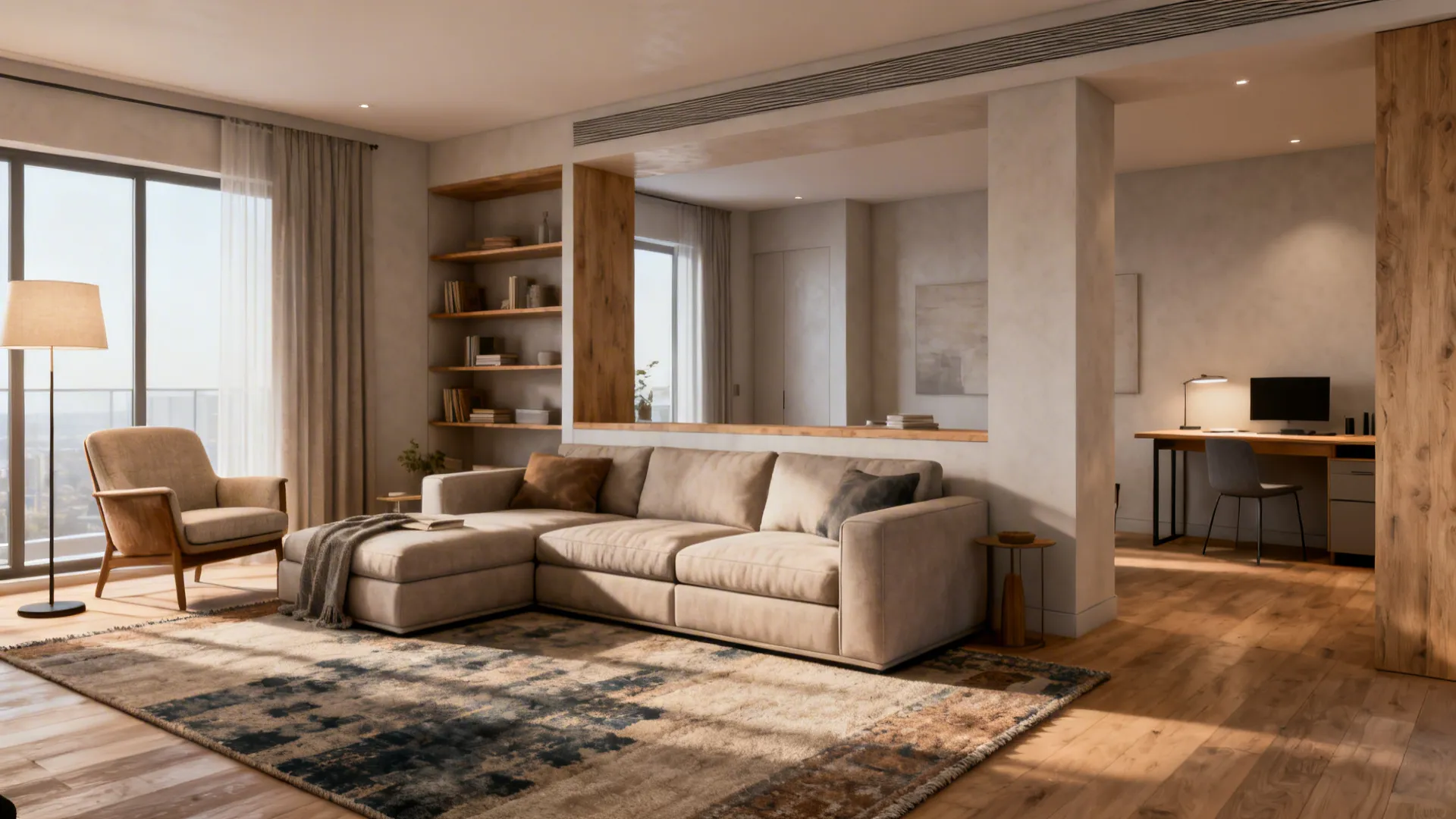 Zoned large living room with conversation area, reading nook, and small office corner divided by low shelving