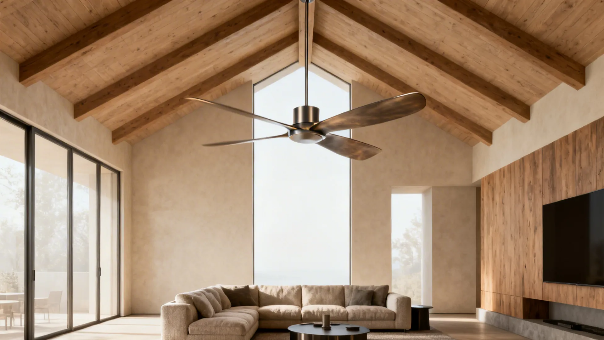 Large-diameter slow-moving ceiling fan anchoring a tall living room seating area.
