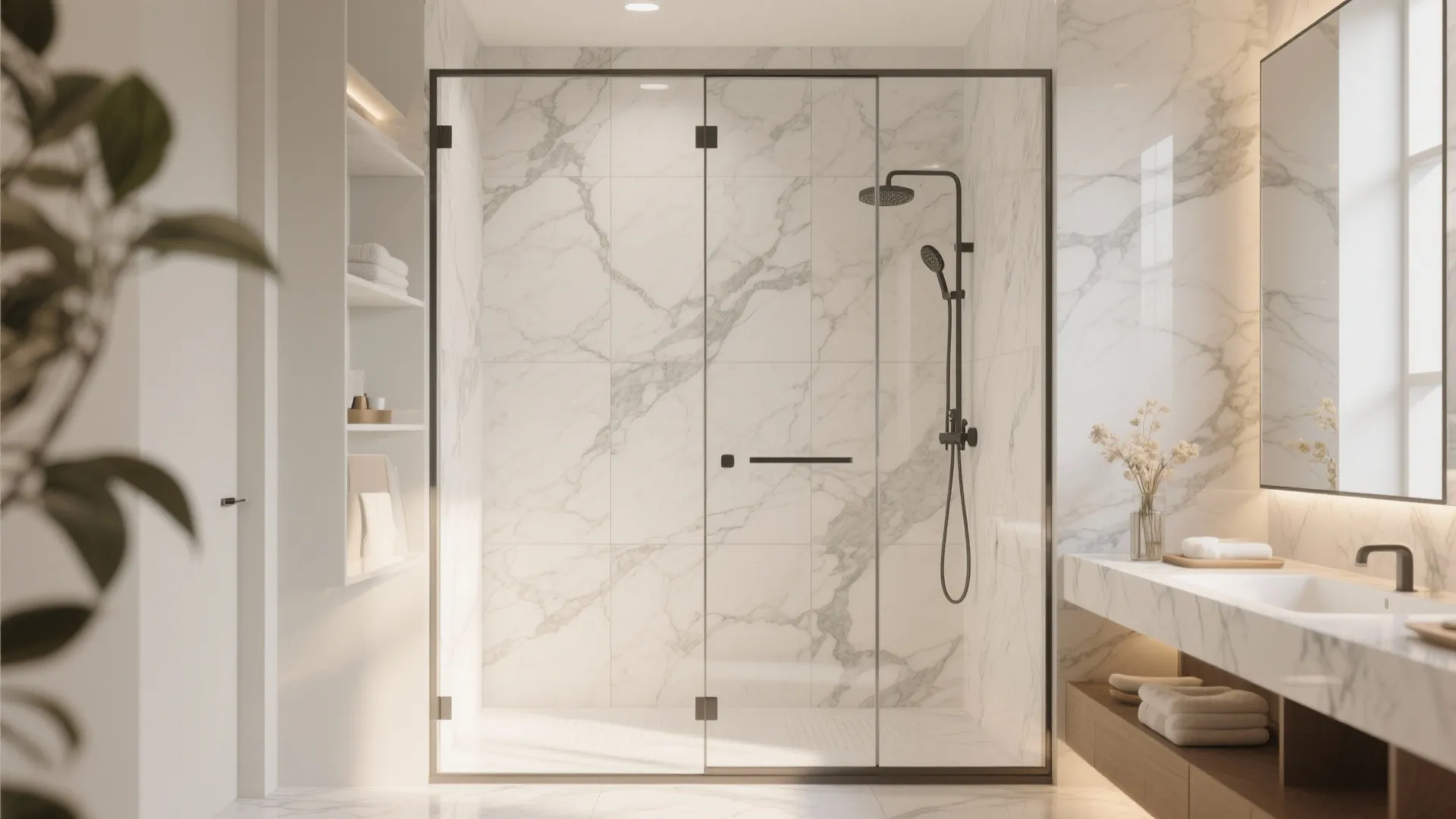 Modern luxury bathroom with white marble walls glass shower door black shower head and sink