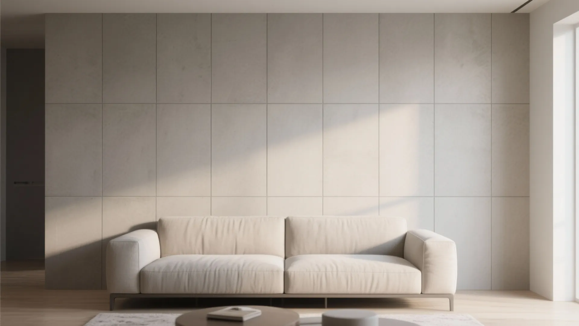 Living room with a large-format matte tile wall creating a calm, gallery-like backdrop.