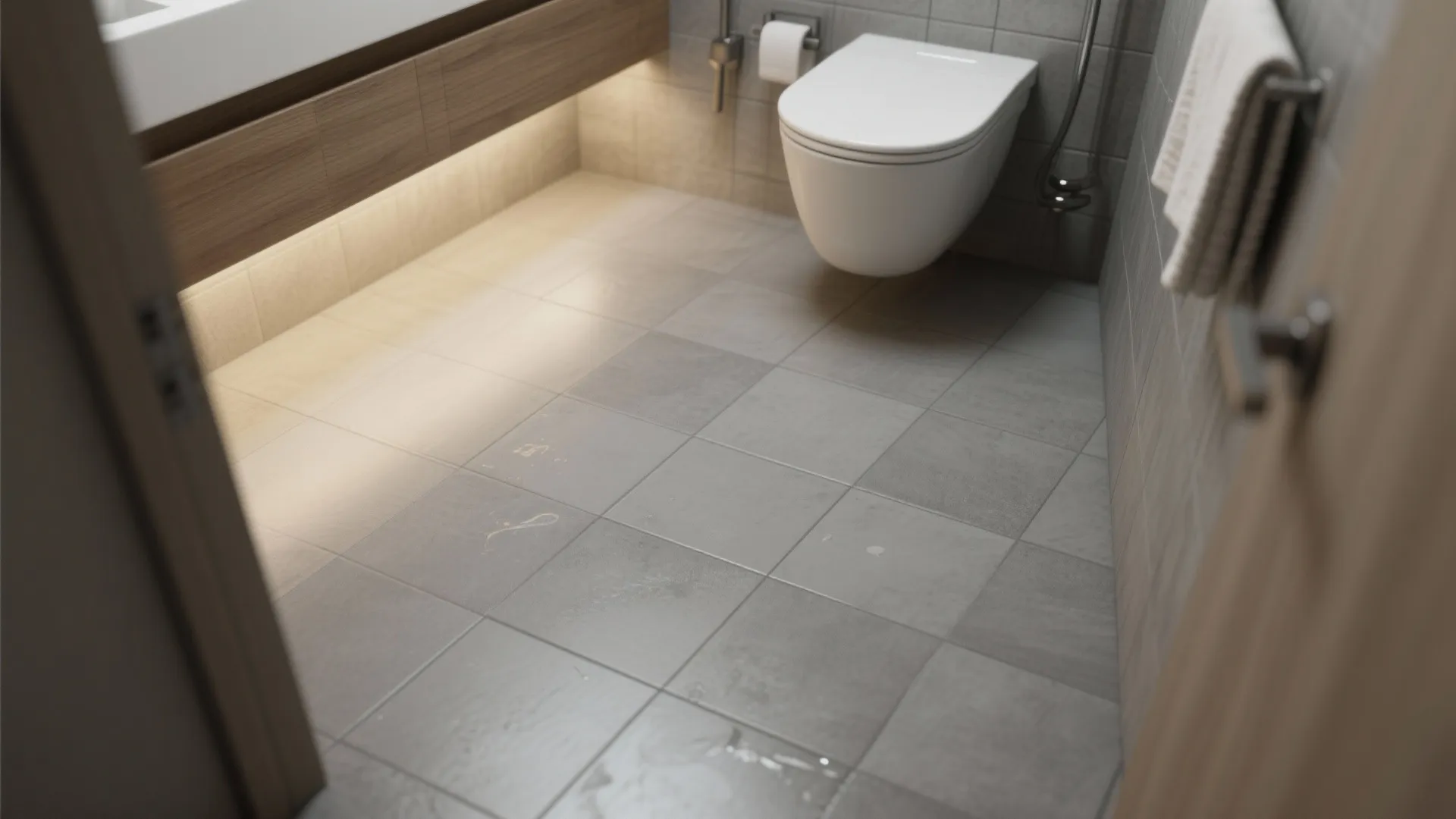 1. Large-format matte grey tiles