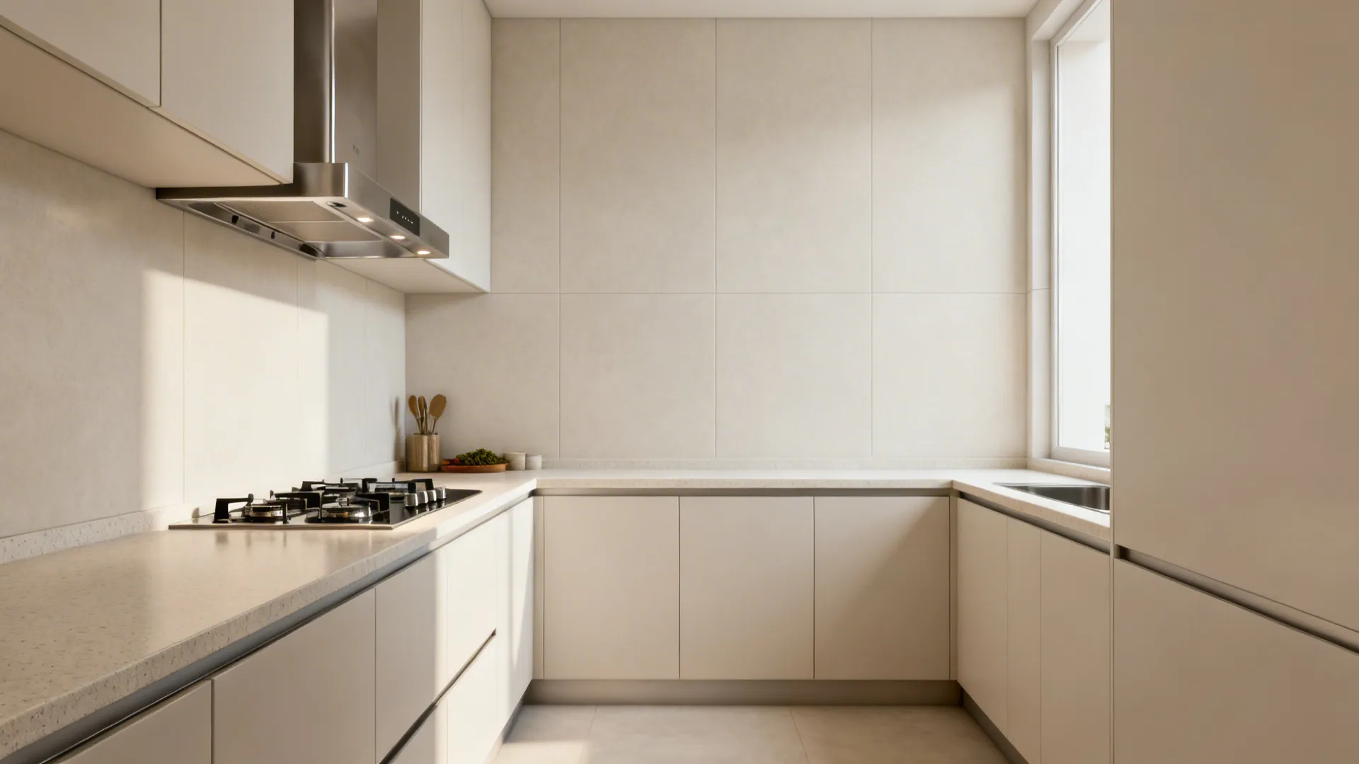 Modern L-shaped white kitchen with beige wall panels minimalist cabinets a stove and natural light