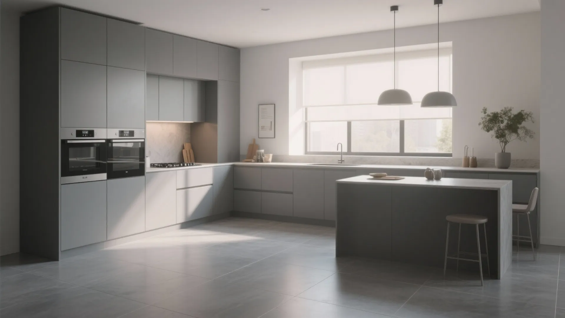 Grey modern kitchen design with grey cabinets and kitchen island and large grey floor tiles