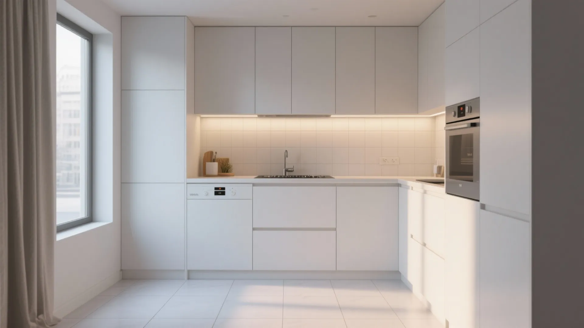 Small kitchen with large-format matte white tiles and minimal grout lines for a seamless look