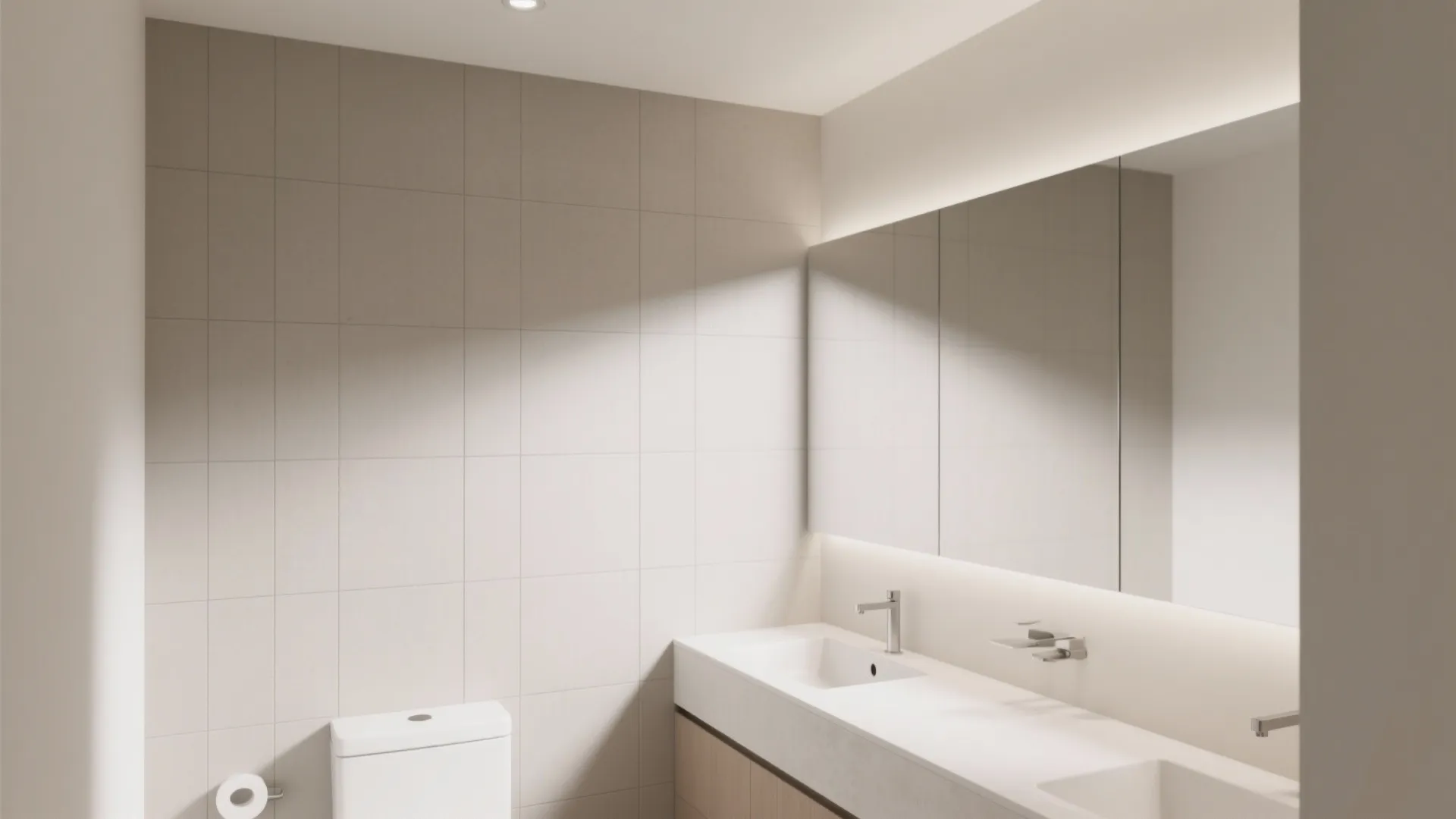 Small bathroom with large-format matte wall tiles stacked vertically to reduce grout lines and expand sightlines.