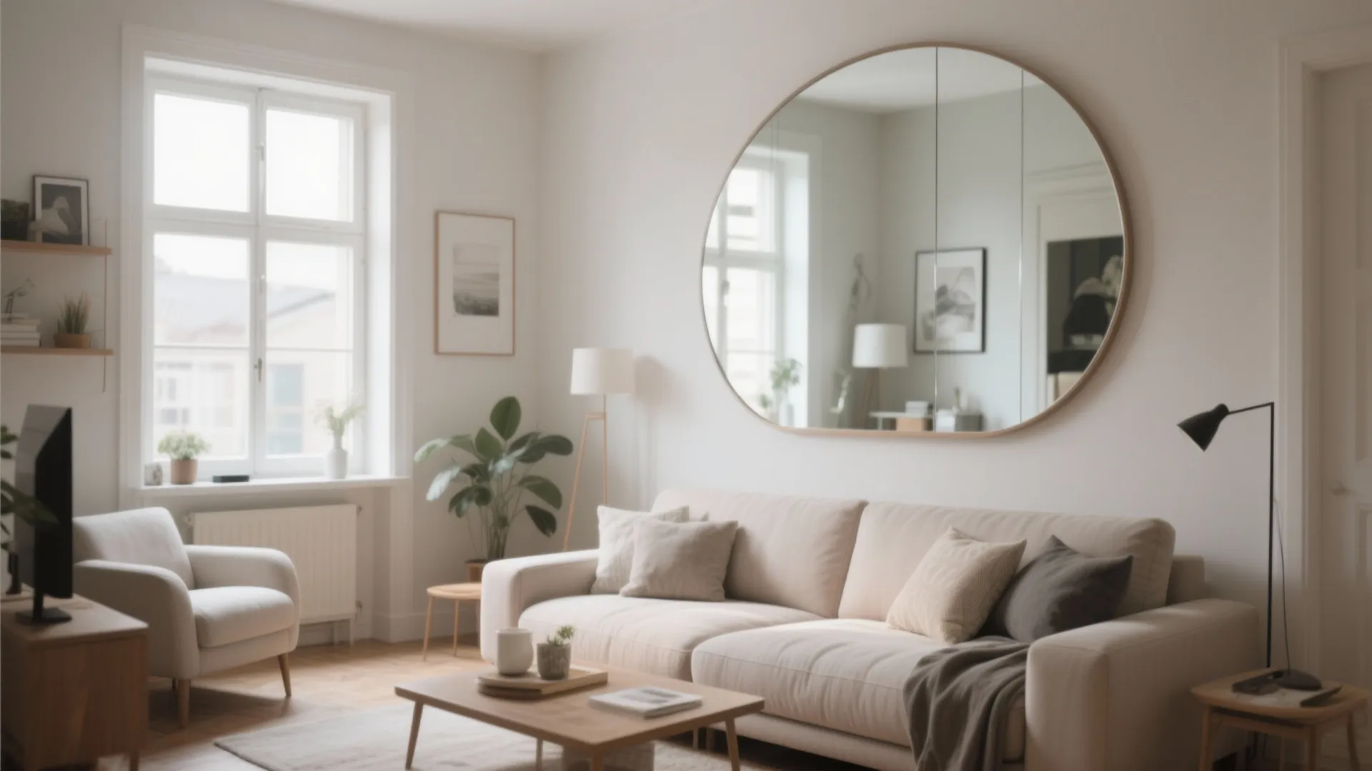 Modern living room with large round wall mirror beige sofa wooden coffee table and window