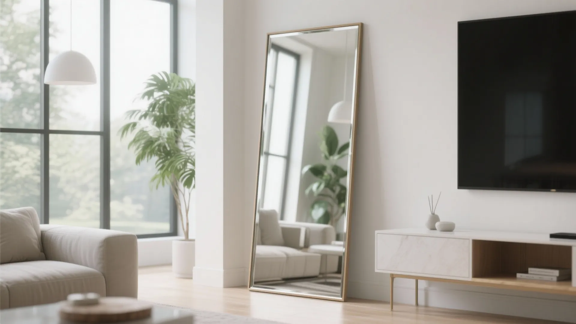 Modern white living room featuring a large standing mirror leaning against wall near a cabinet