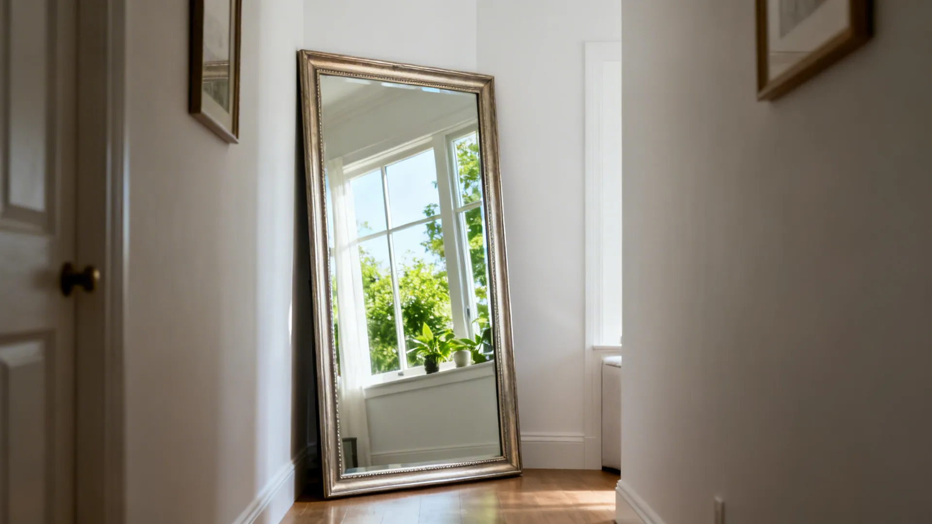 Large mirror leaning on a white wall amplifying natural light in a narrow living room
