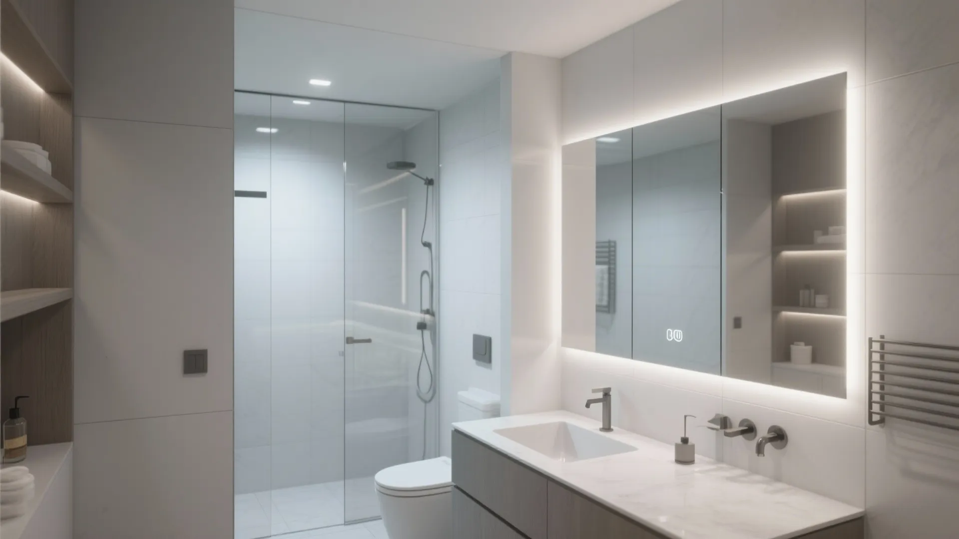 Bright minimalist bathroom featuring large lighted mirror over grey cabinet sink and glass shower door
