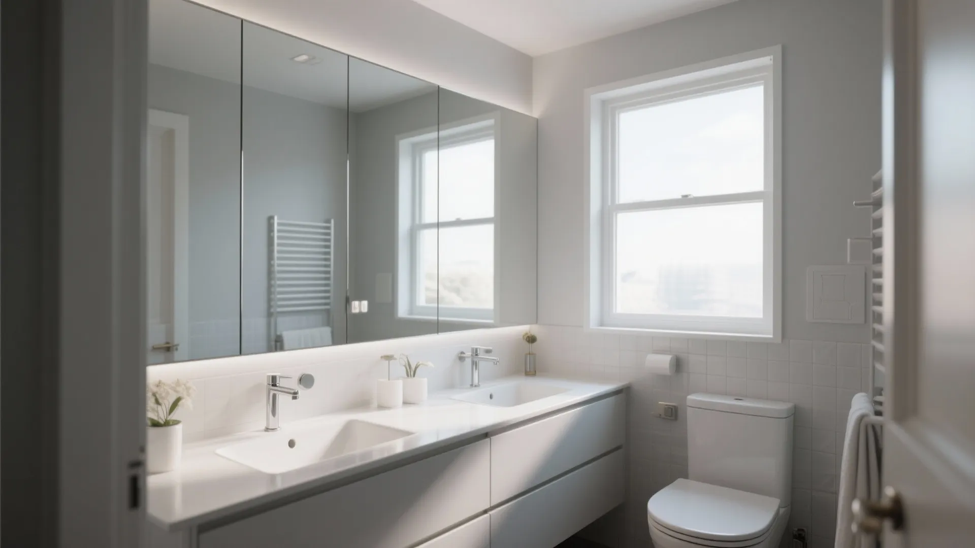 Bright bathroom with a large mirrored cabinet above two white sinks near a bright window