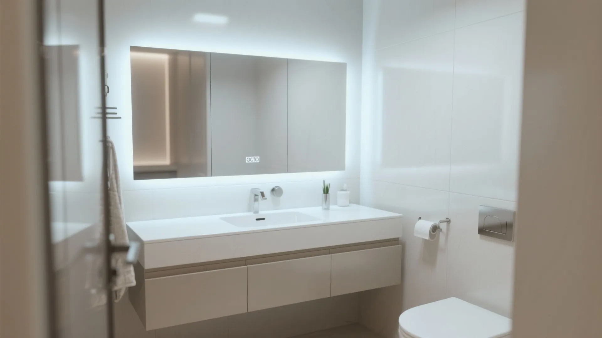 Modern bathroom with large lighted mirror white sink cabinet toilet and clean white wall tiles