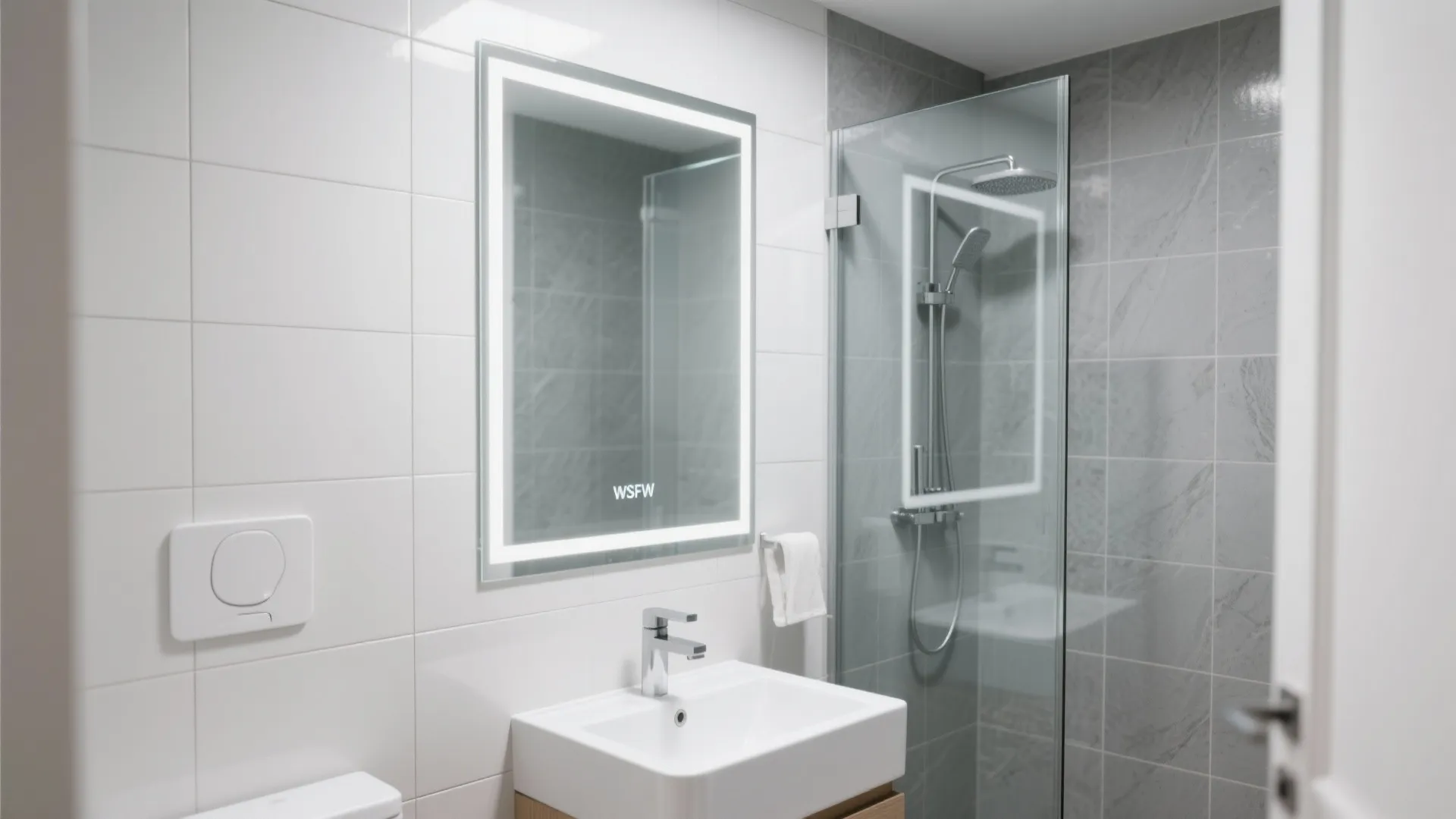 White bathroom sink with a lighted mirror next to a glass shower and grey tiles