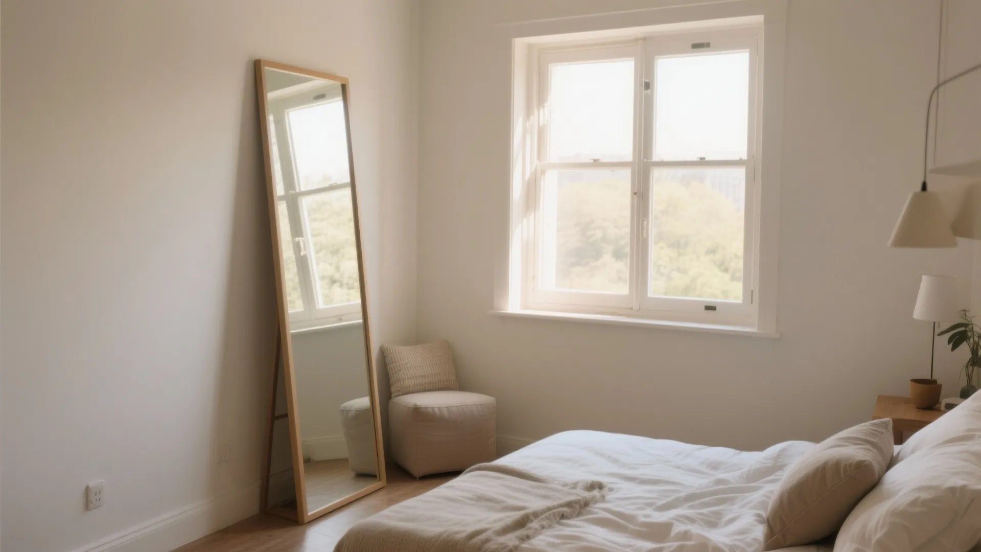 Bright bedroom with a tall wooden floor mirror next to a window and white cozy bed