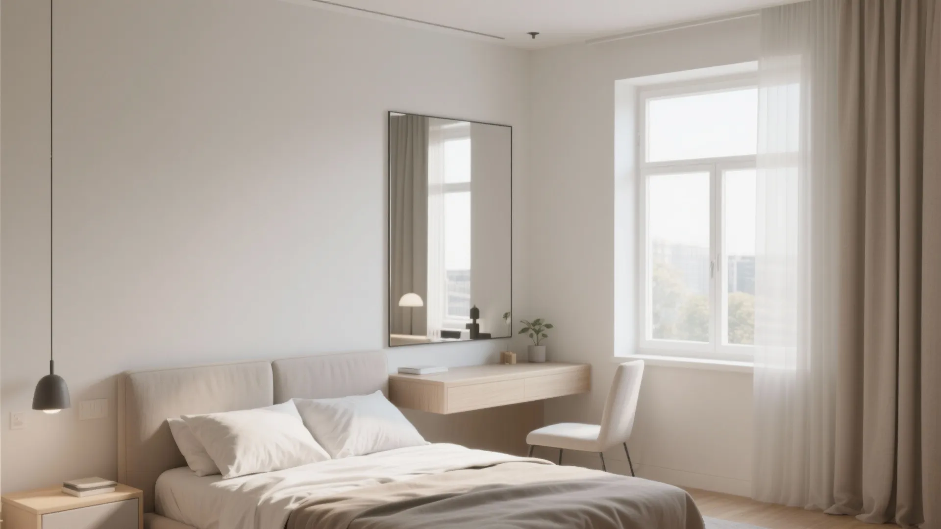 Small guest bedroom with large mirror reflecting light from window