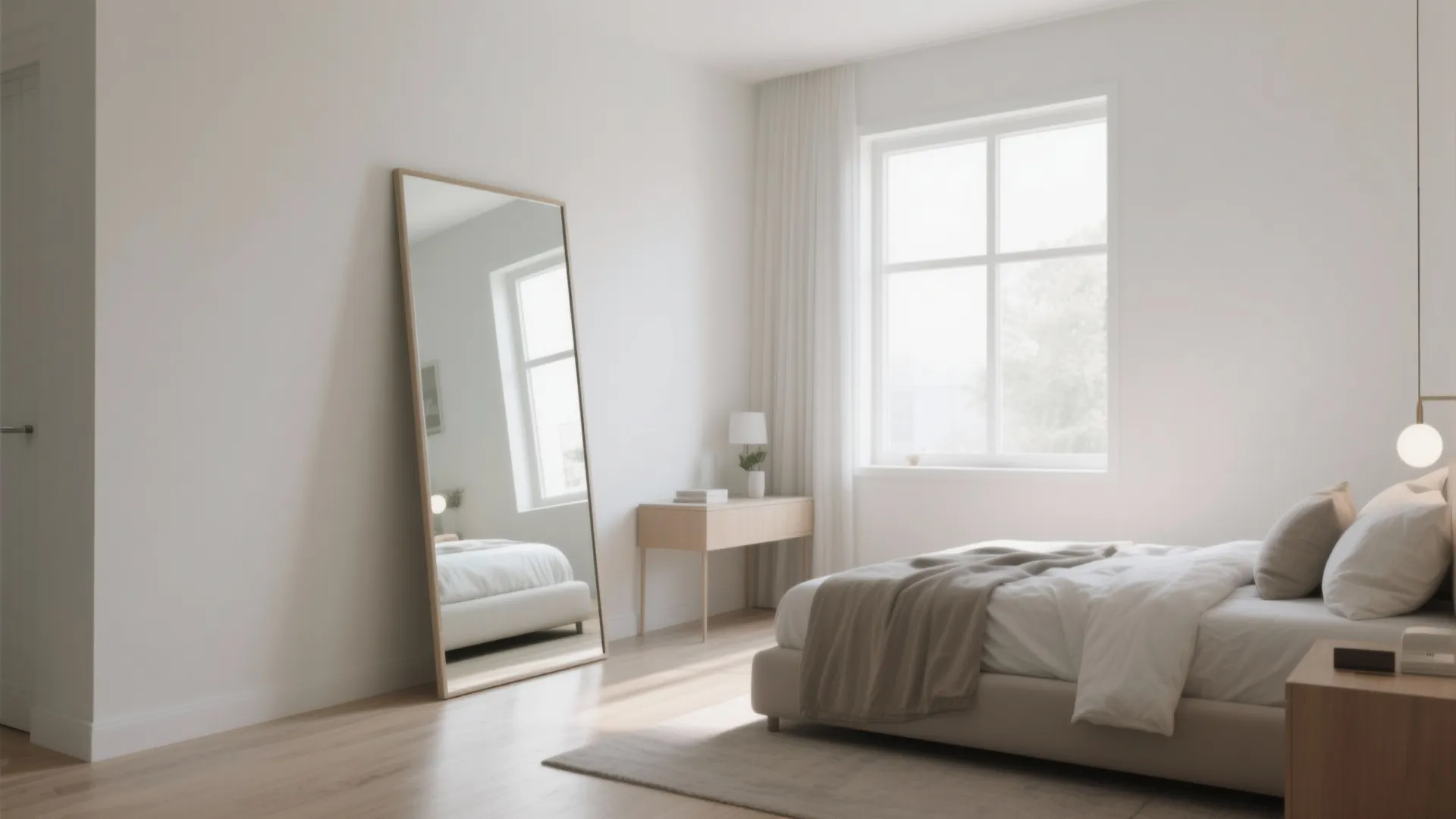 Bright white bedroom with large floor mirror beside bed and simple wood table near window