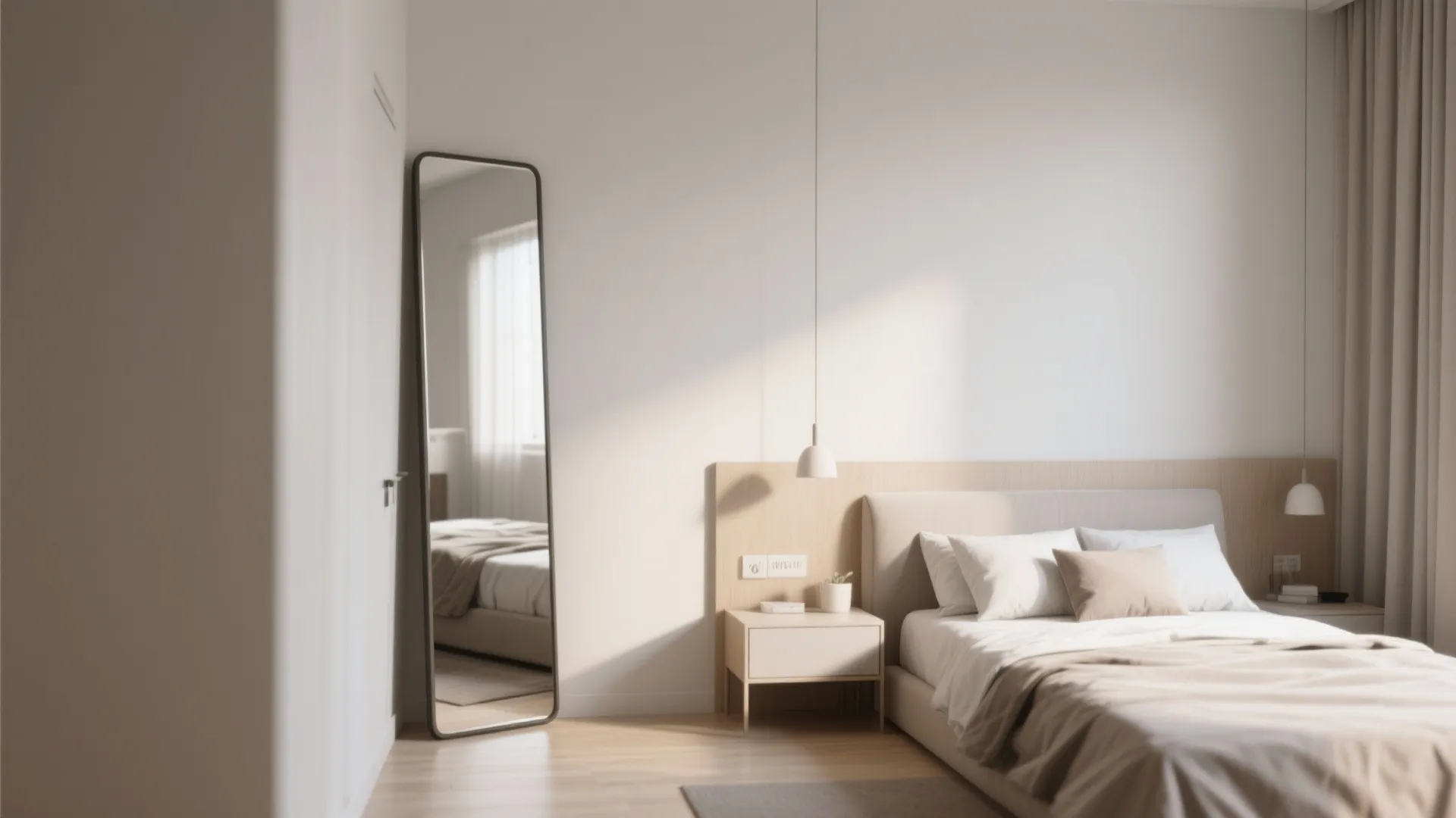 Small bedroom with full-length floor mirror for spacious feel