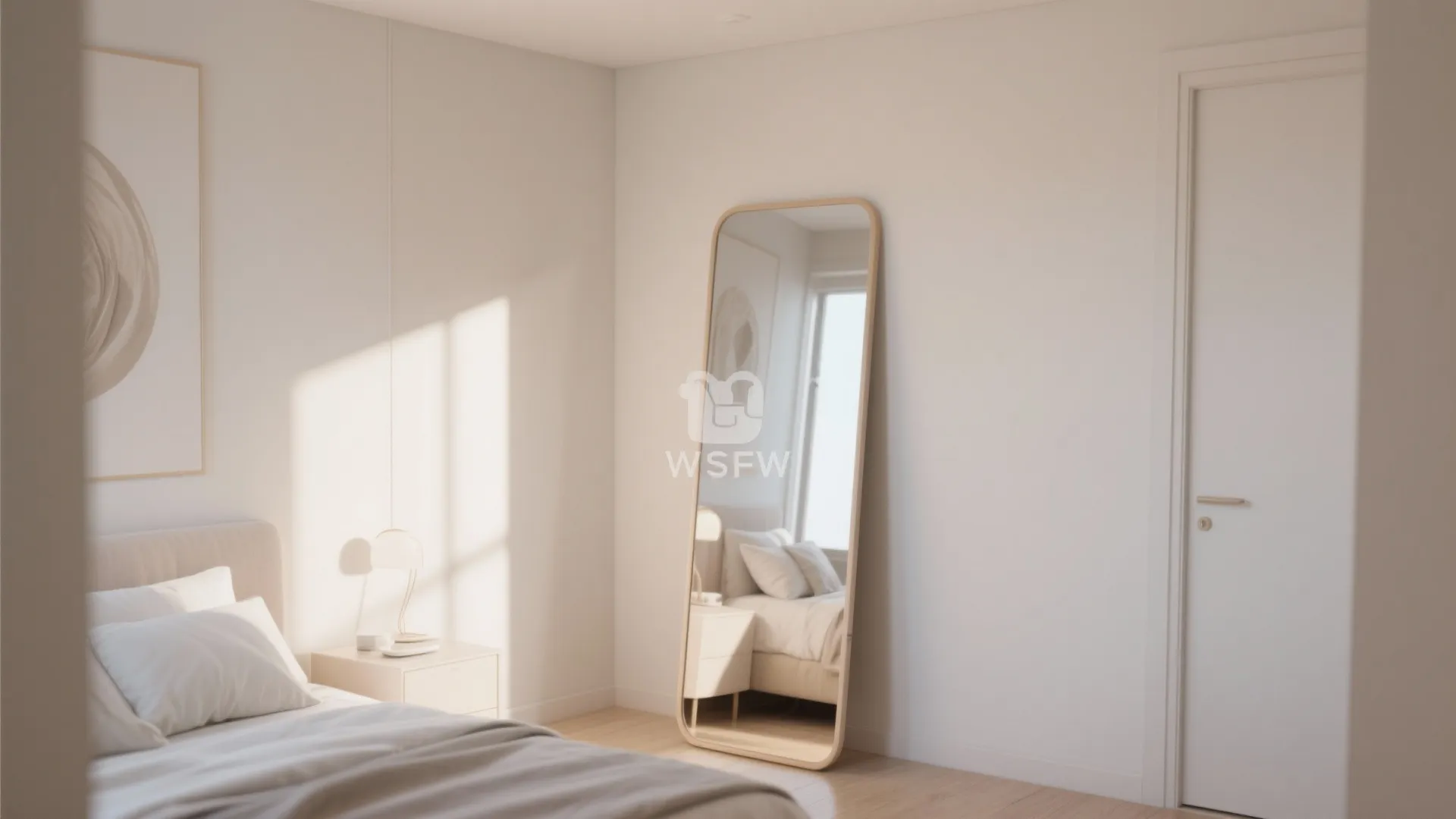 Small bedroom with large leaning mirror reflecting sunlight