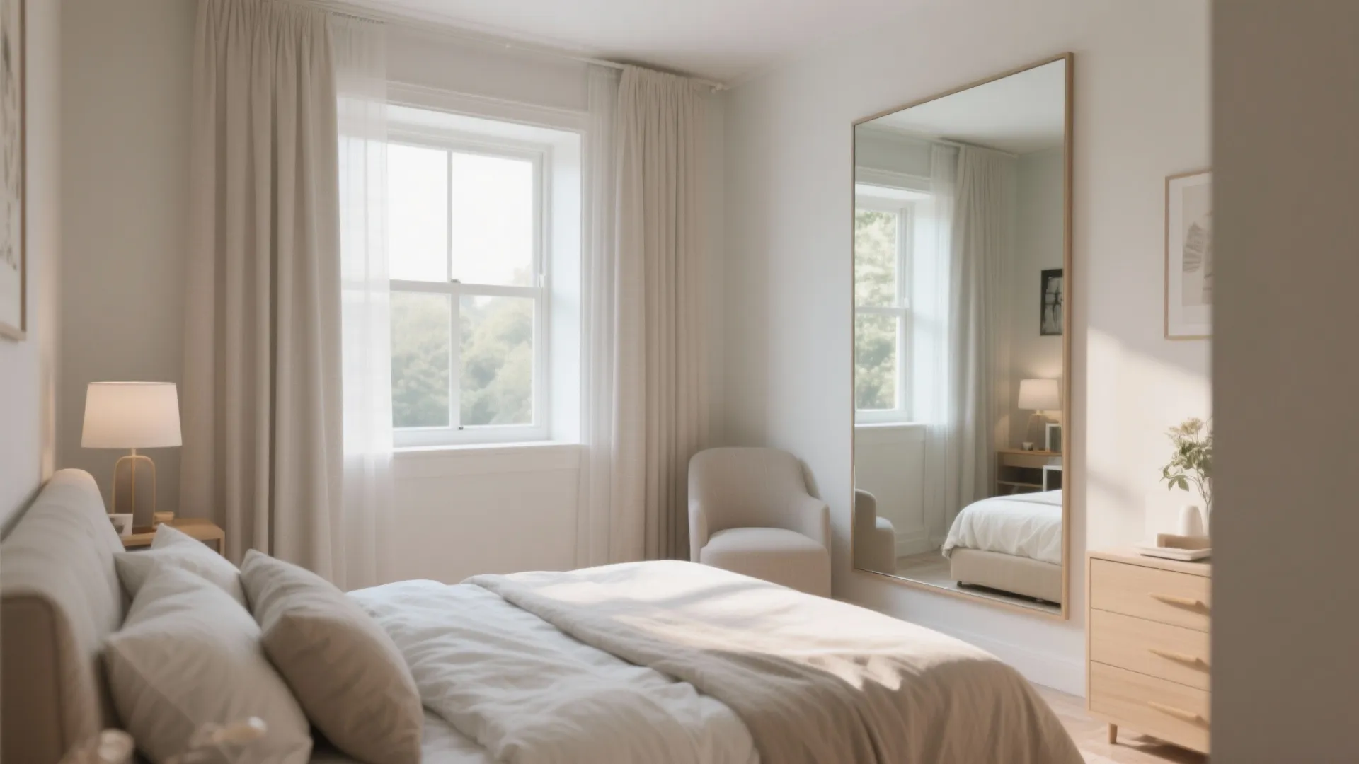 Bright minimalist bedroom featuring a large floor mirror reflecting the bed next to a window