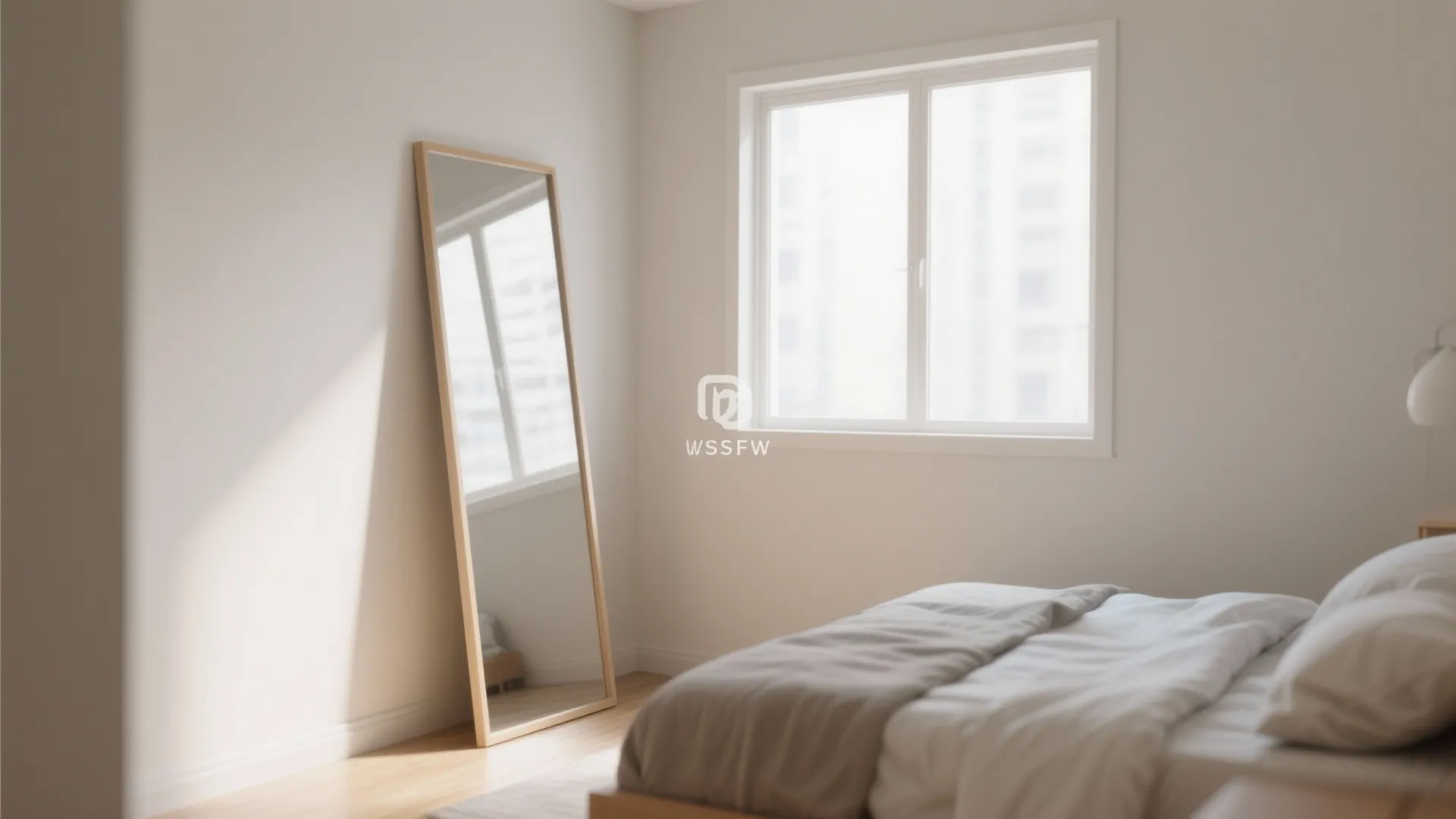 Minimalist bedroom design with a large floor mirror leaning against white walls and natural sunlight