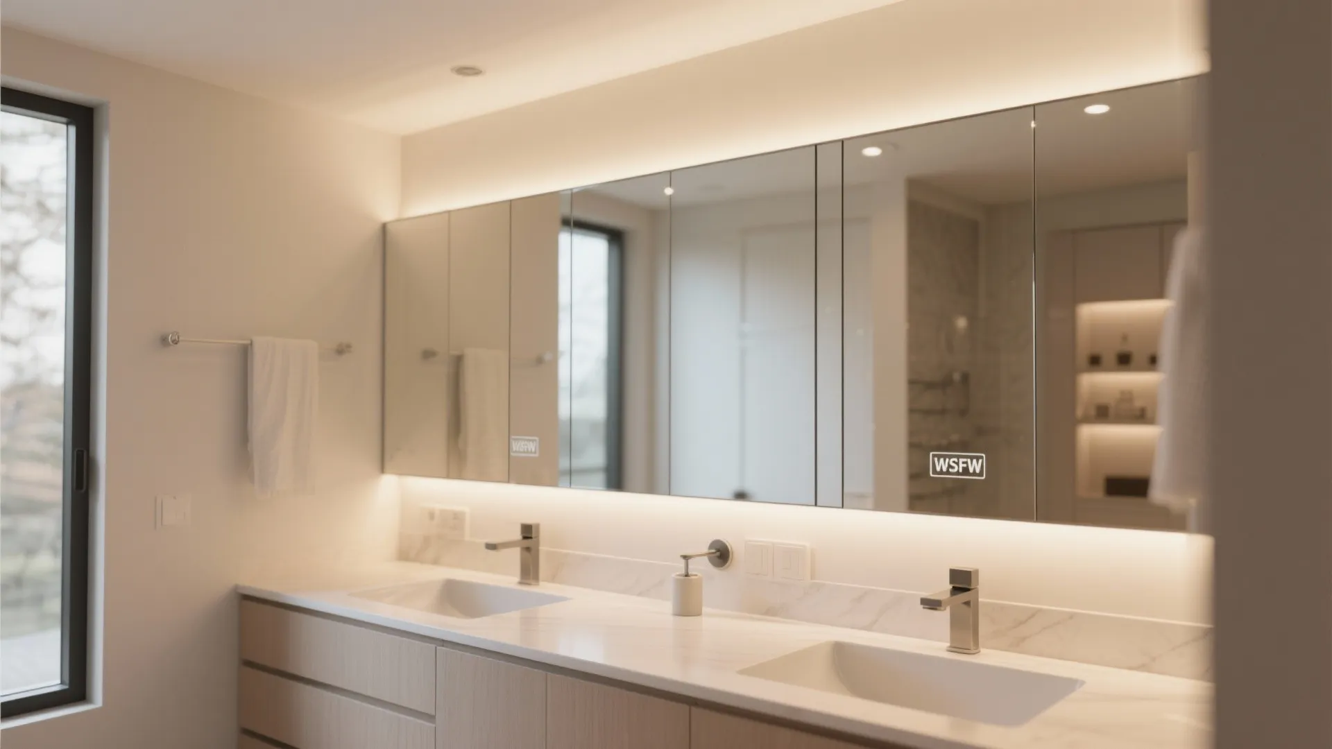 Modern bathroom with large wall mirror cabinet over double sink vanity and warm white lighting