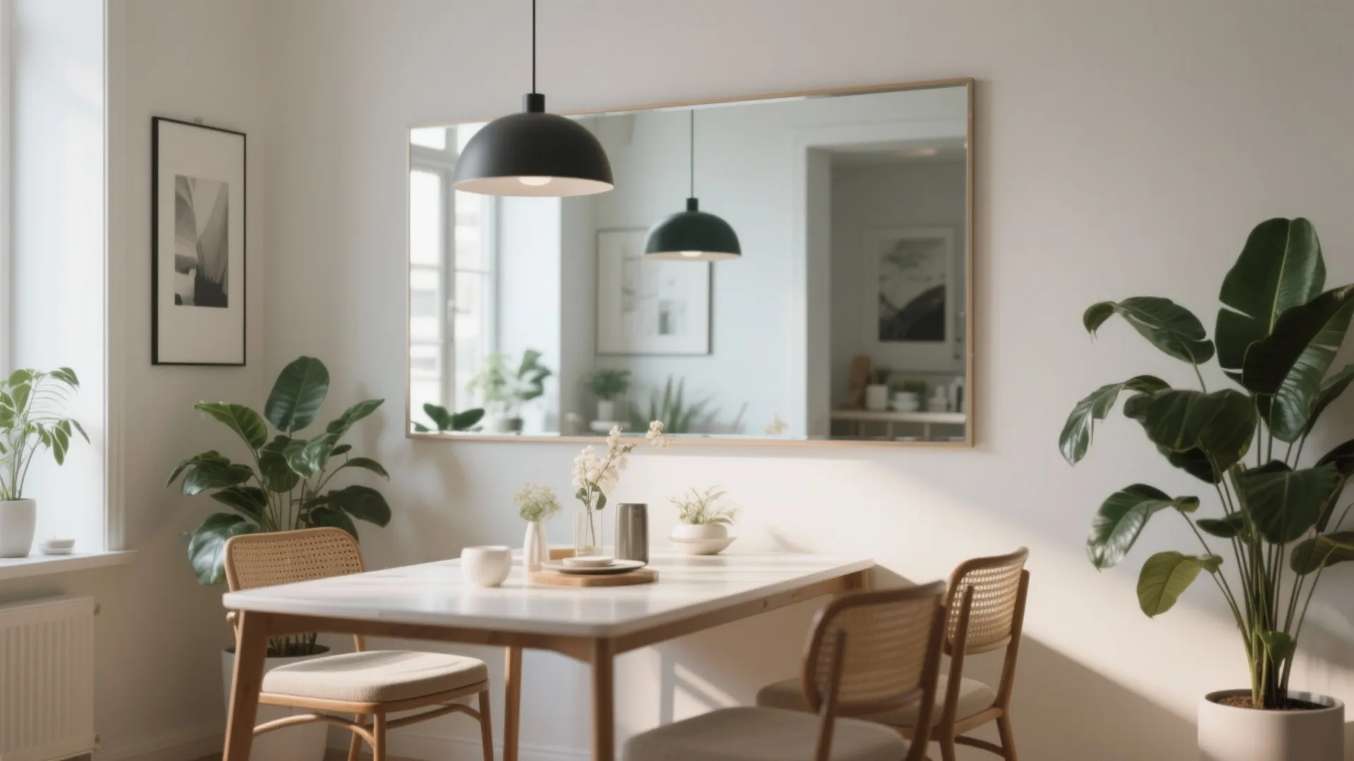 Dining area with large wall mirror reflecting light