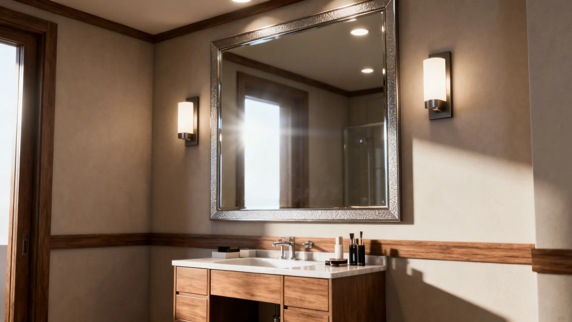 Oversized mirror with sconces and layered lighting in a small bathroom