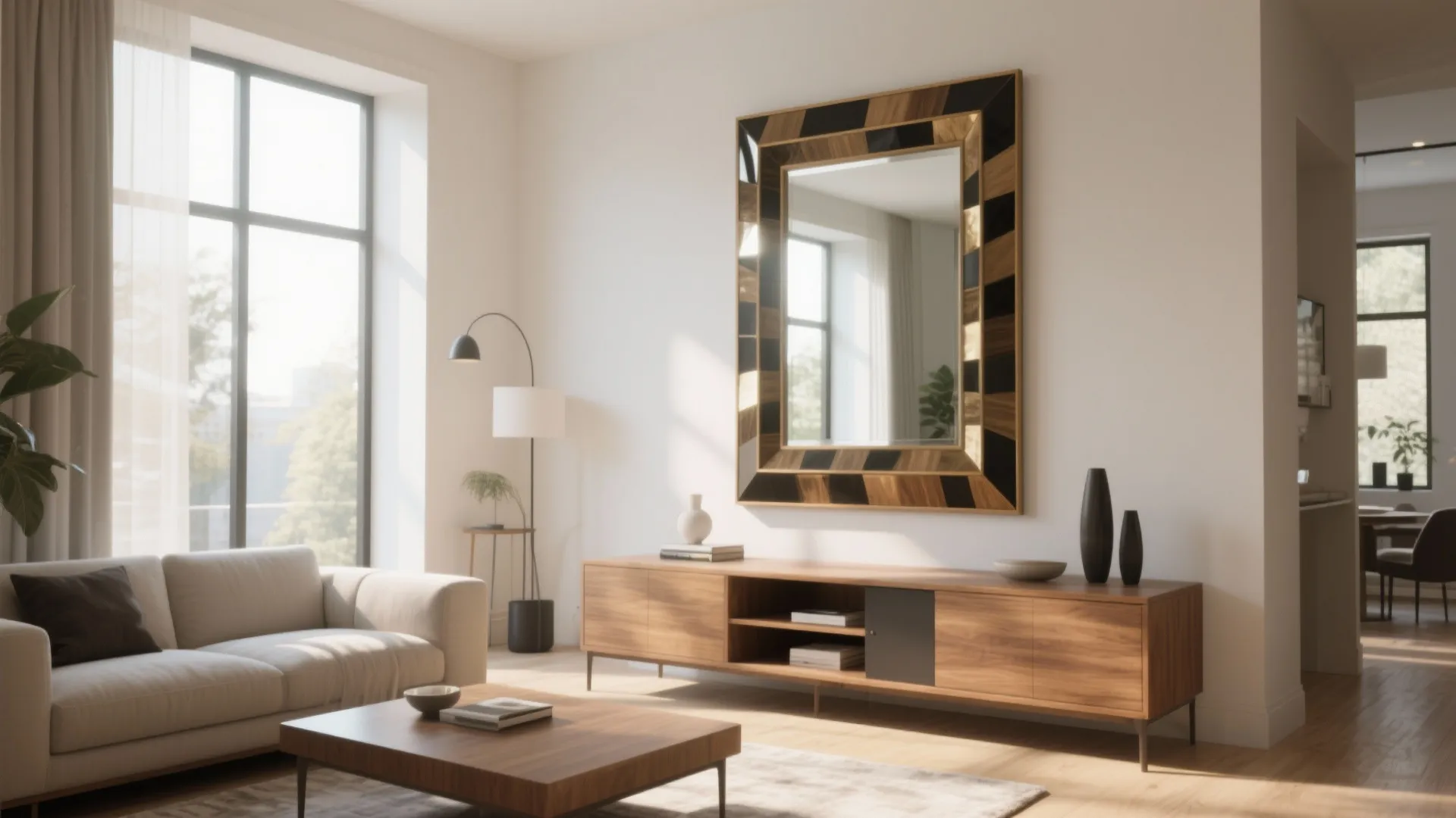 Large Statement Mirror in Living Room