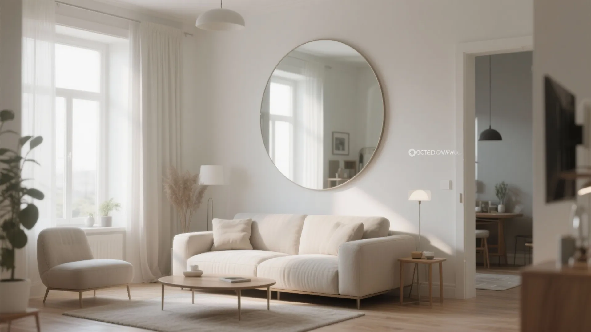 Modern living room with white sofa, large round mirror, wooden coffee table, rug, and light