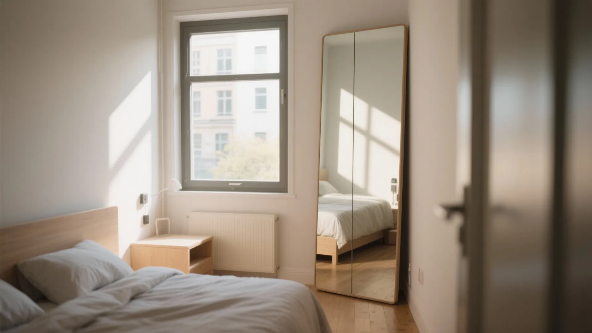 Bright bedroom featuring a tall floor mirror leaning against the wall near a large window