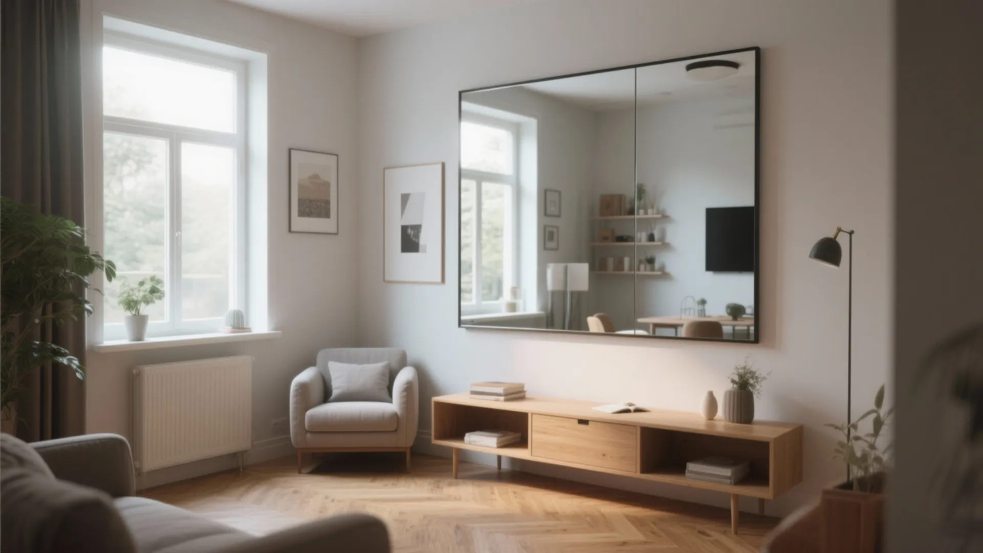 Bright room featuring a large wall mirror above a wooden cabinet with a grey armchair nearby
