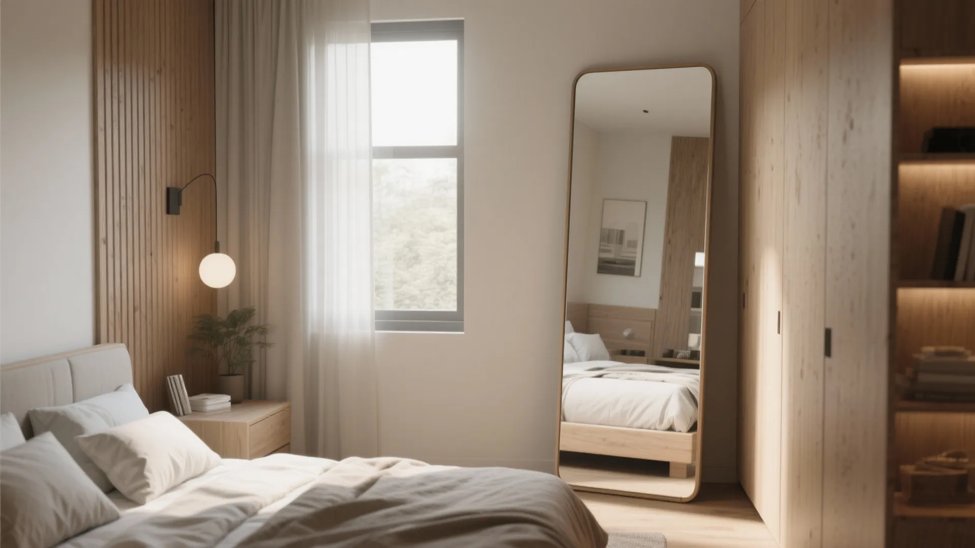 Modern bedroom with wooden wall panel large floor mirror white bed and one round light