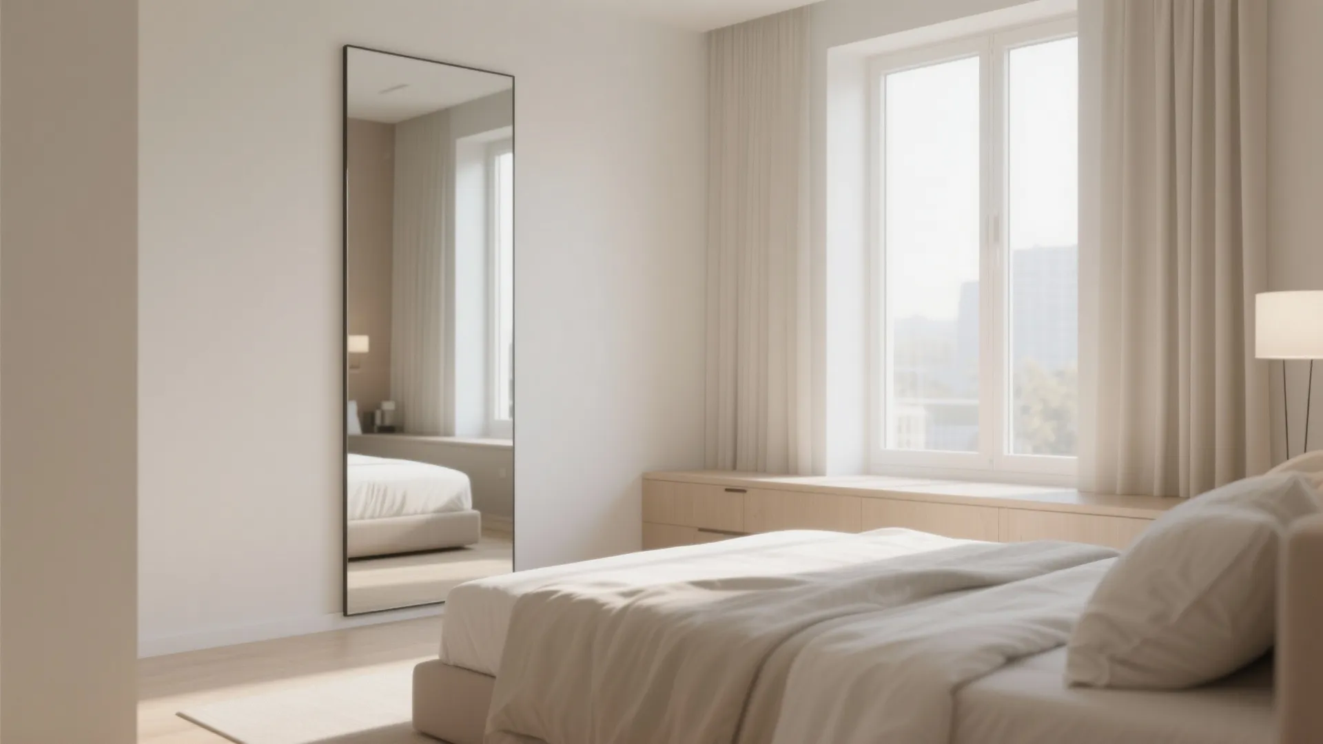 Minimalist bedroom featuring a large floor mirror reflecting the bed beside a bright window view