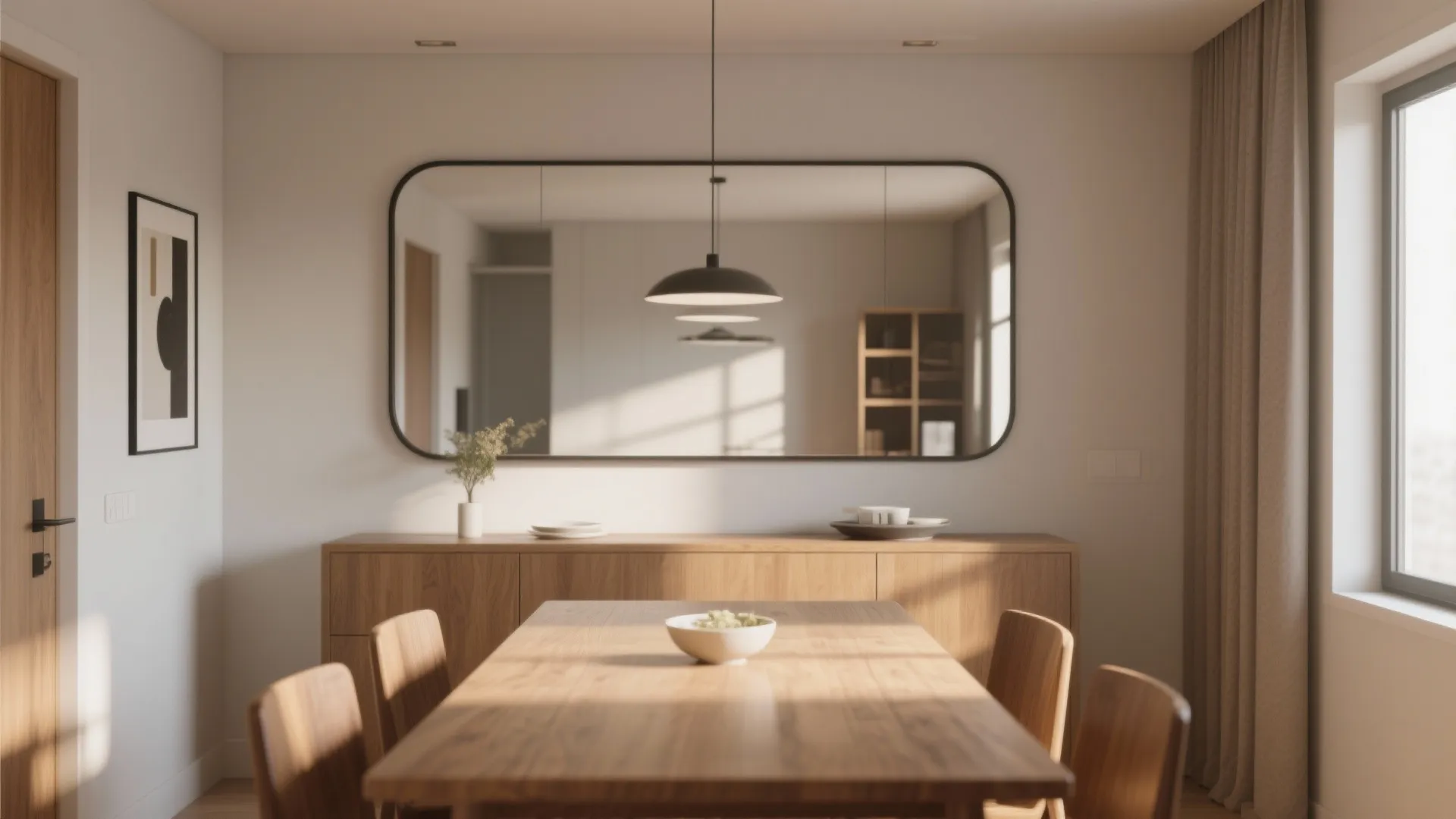 Oversized mirror on focal wall making small dining space feel bigger
