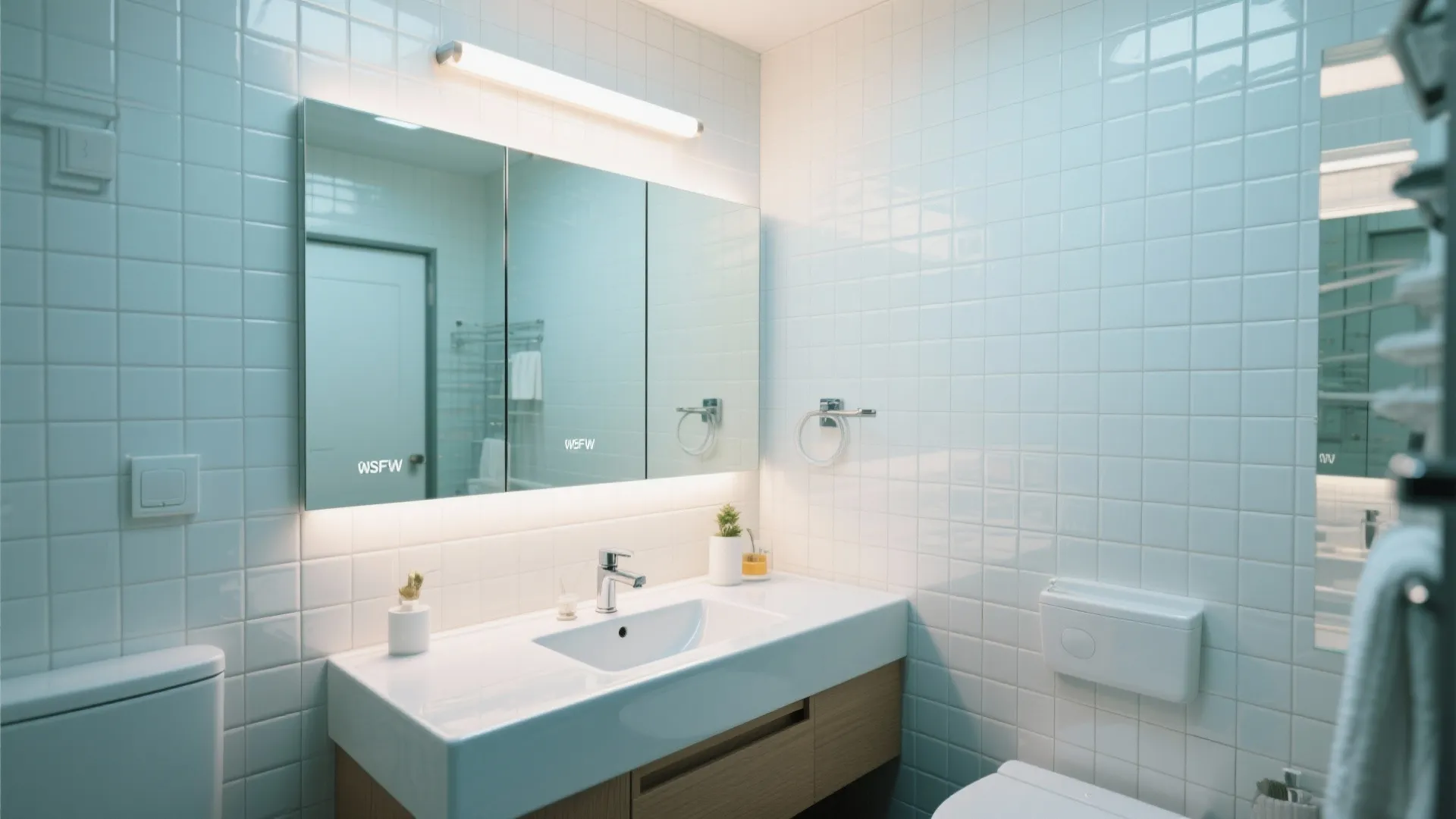 White tiled bathroom with a large mirror cabinet sink light fixture and light wood cabinet