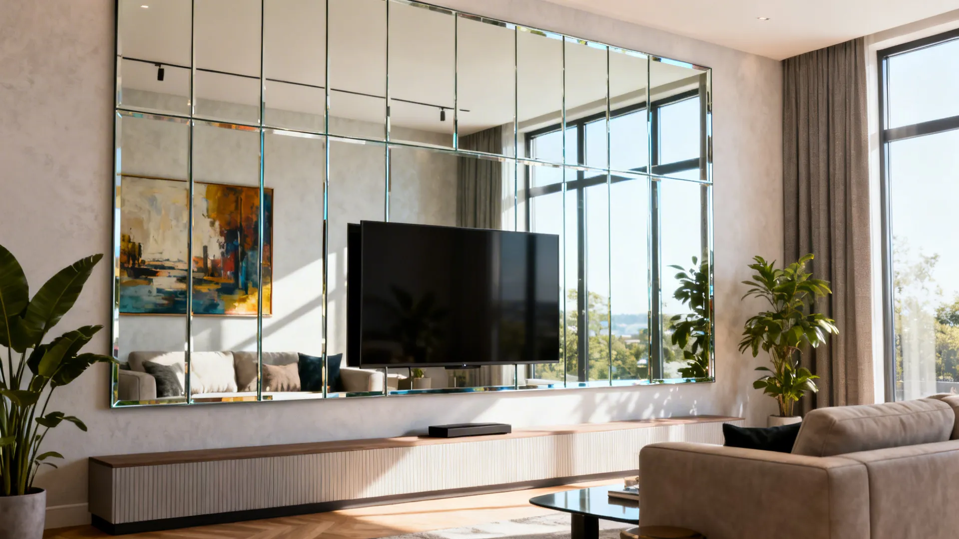 Living room with large-scale mirrors reflecting light and artwork across the space.