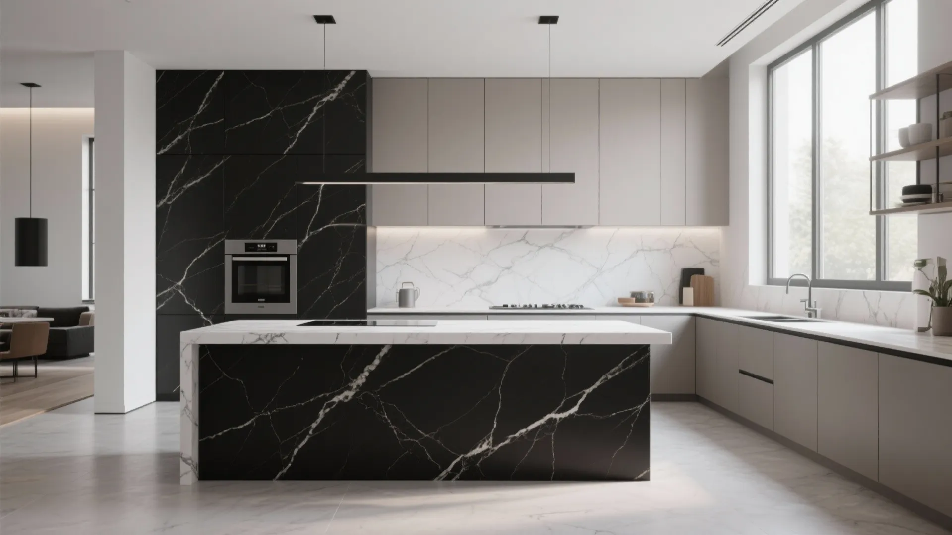 Open-plan kitchen anchored by large black and white porcelain slab floor with minimal grout