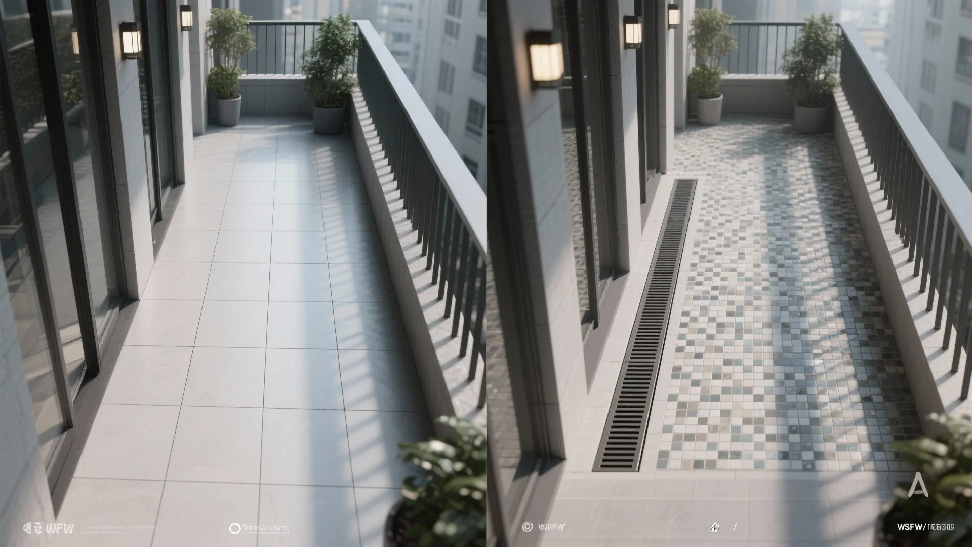 Before and after comparison showing balcony floor change from large tiles to small mosaic tiles