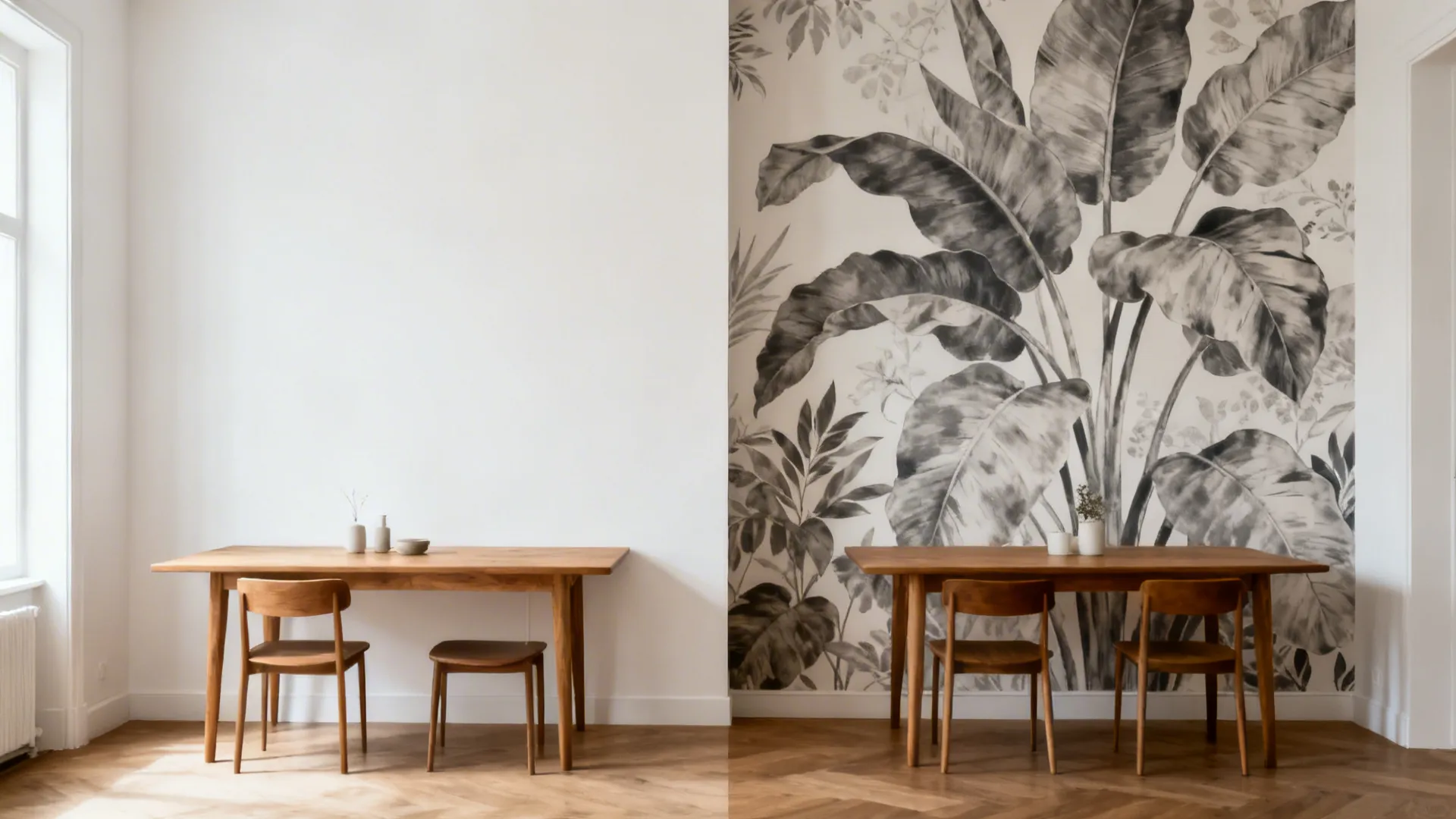 Before-after of small dining wall changing from plain white to large botanical mural.