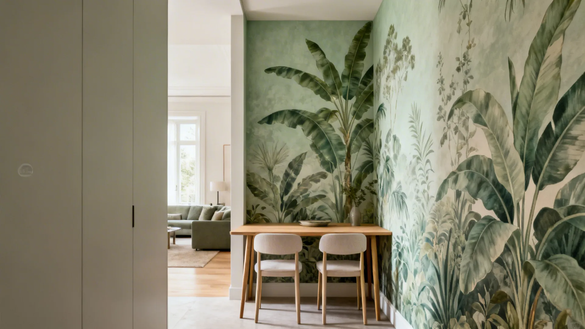 Compact dining nook with oversized sage botanical mural and slim oak furniture.