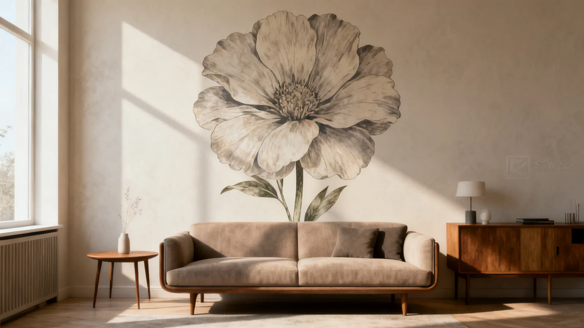 Close view of a living room focal wall with a large botanical mural sticker behind the sofa