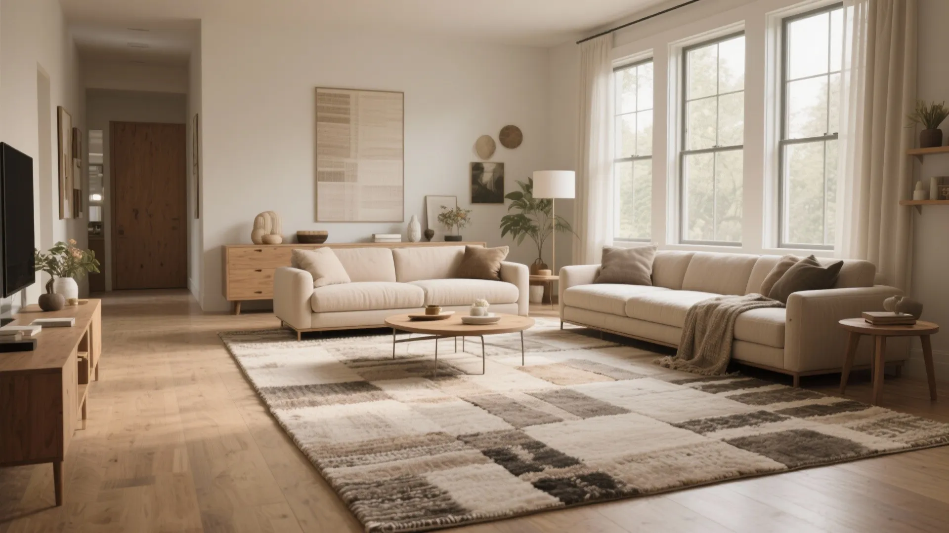 Neutral living room featuring two beige sofas large checkered rug round coffee table and cabinet