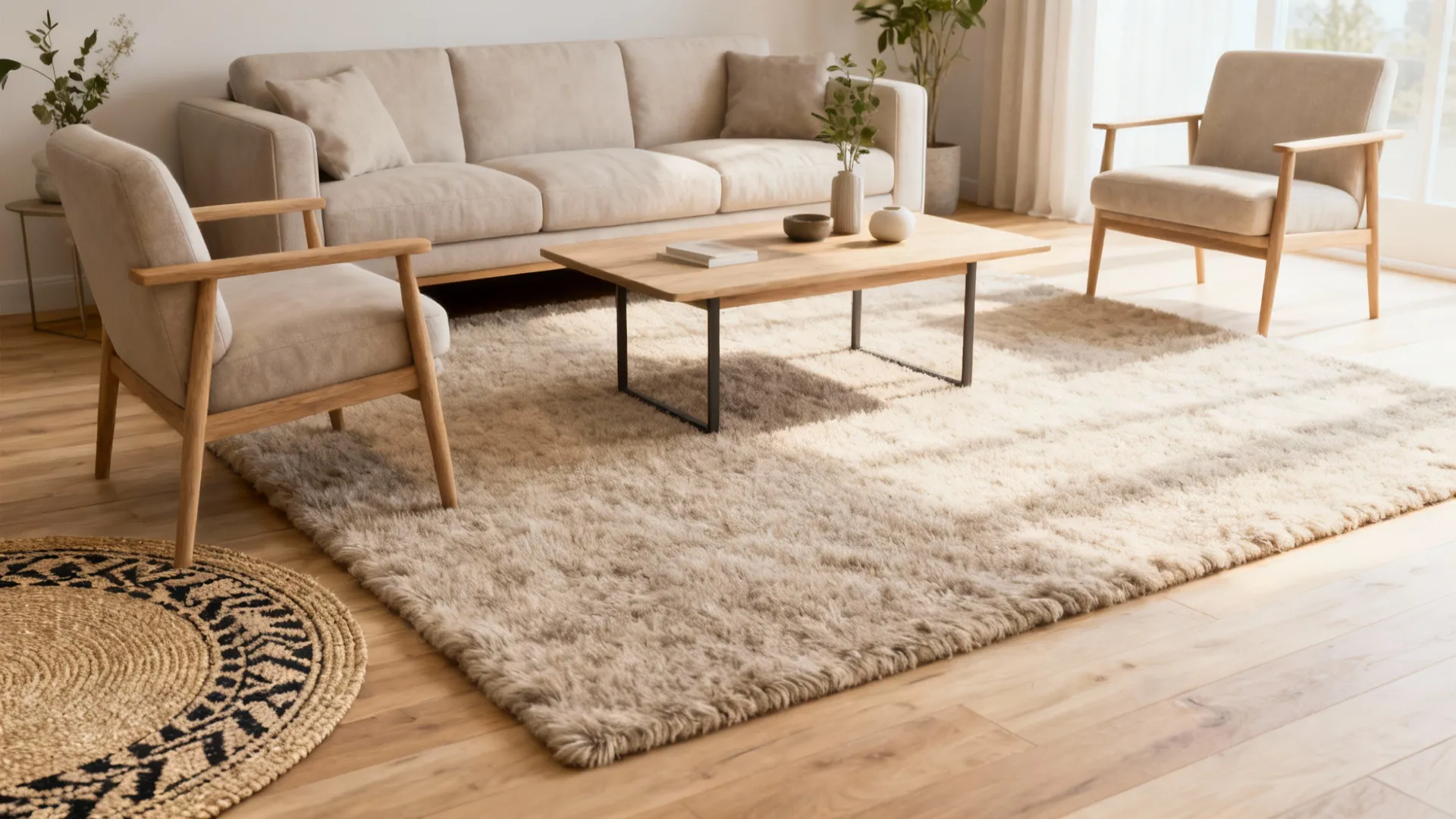 Modern living room with beige sofa two wooden chairs large fluffy rug and coffee table