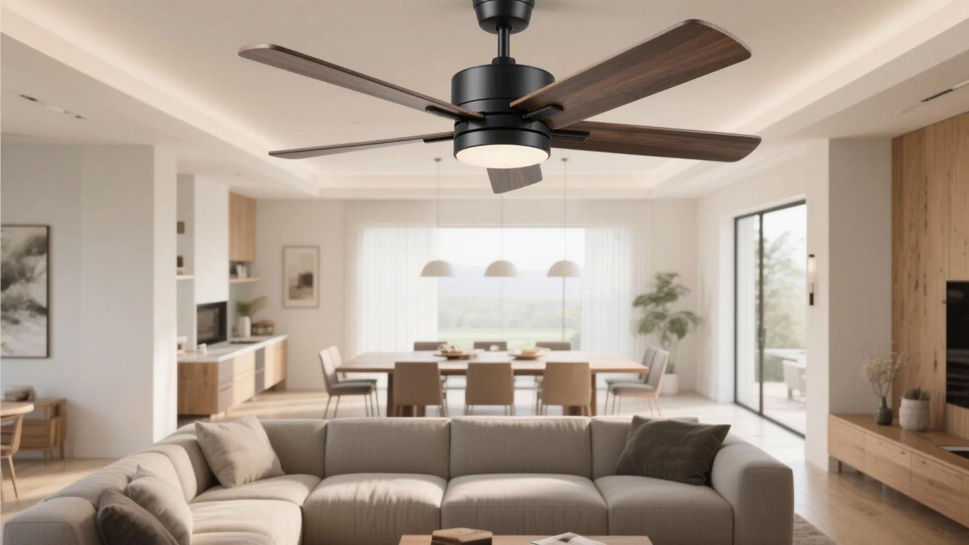 Large black ceiling fan with wooden blades over a bright open plan living and dining
