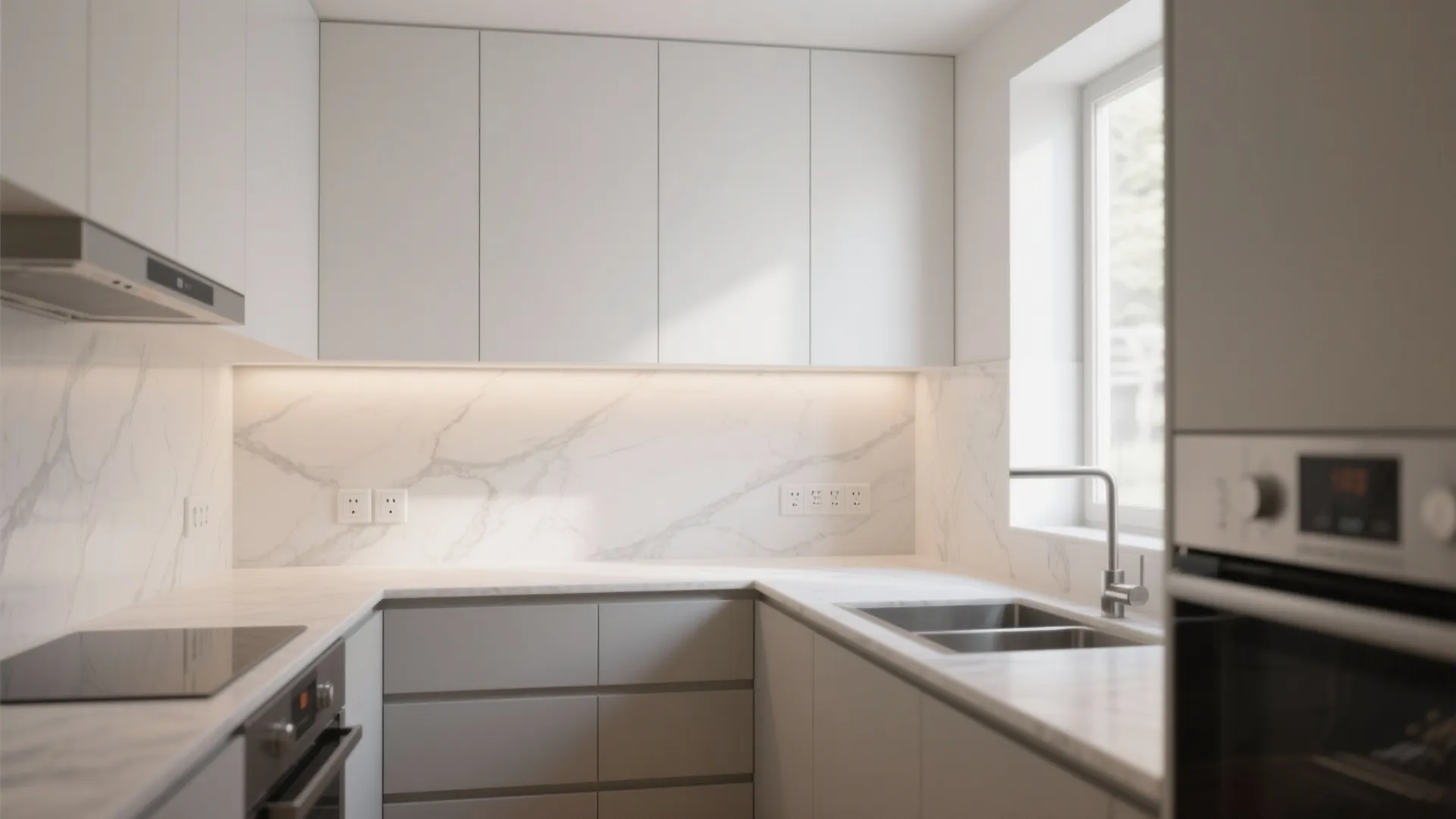 Modern white kitchen featuring marble wall panel white cabinets grey drawers sink and large bright window